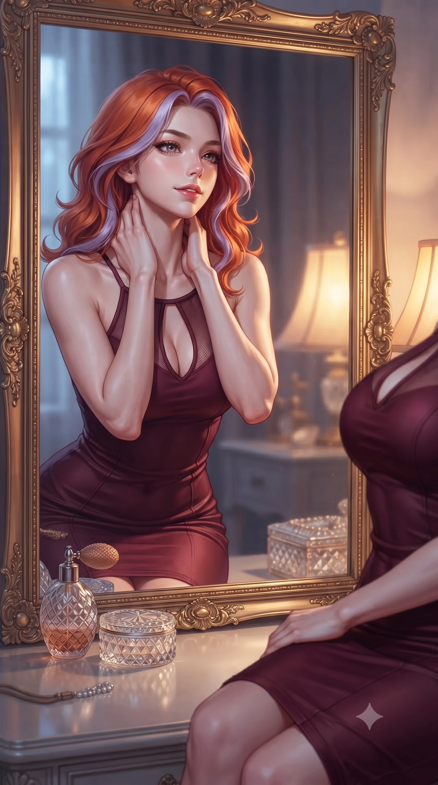 score_9, masterpiece, best quality, ultra-detailed, high-budget anime keyframe, editorial fashion photography, tasteful artistic composition, Caucasian woman. close-up cowboy shot from the waist and thighs up, the character dominates the composition, filling the frame with her large presence, background elements kept in soft focus. gazing into a gilded mirror reflection with a confident, sensual smile, tracing her neck contour set against a soft-focus background of inside an exclusive private spa pavilion with a vintage perfume atomizer and crystal jewelry box reflecting soft light. She has an exceptionally elegant, slender, and willowy female figure with an ultra-slim waist, a gracefully sculpted slender torso, and a refined silhouette. sharp v-shaped jawline, high-bridge nose, intricate jewel-like eyes with depth, thick eyelashes, glossy lips with a natural sheen. wearing form-contouring deep burgundy contouring mesh body-hugging knit midi dress with a tasteful keyhole neckline cutout and thin shoulder straps featuring refined tailored seams. illuminated by soft silver moonlight contrasting with the warm amber glow of a nearby lamp. highly saturated vibrant anime colors, detailed shading with soft gradients, rich glossy textures, high-contrast stereoscopic depth, volumetric dynamic lighting, master piece, 9:16 ratio