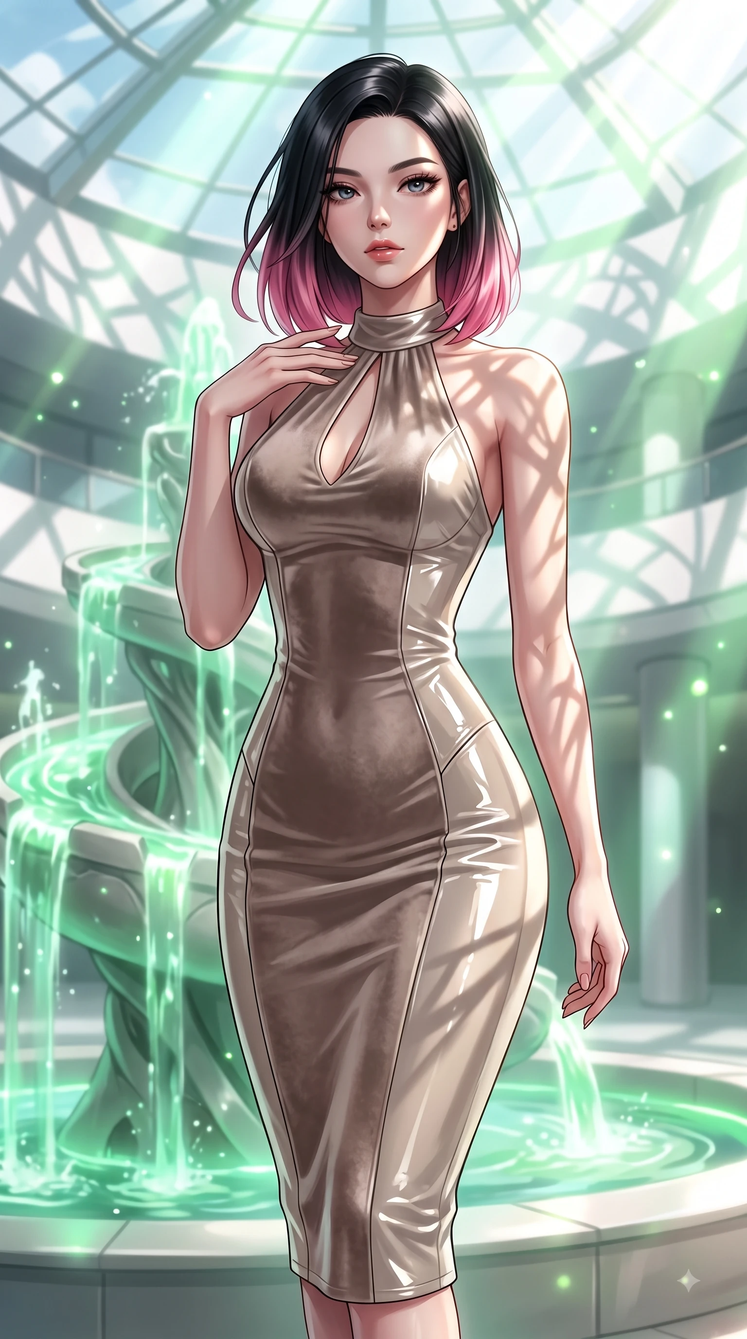 score_9, masterpiece, best quality, ultra-detailed, high-budget anime keyframe, editorial fashion photography, tasteful artistic composition, Korean woman. close-up cowboy shot from the waist and thighs up, the character dominates the composition, filling the frame with her large presence, background elements kept in soft focus. Pivoting her torso in an alluring S-curve alignment, one hand gently tracing her collarbone with poise while pivoting dynamically beside a hydro-flow spiral fountain flowing with bioluminescent emerald sap, intense volumetric sunbeams filtering through the glass ceiling, creating stencil shadows. She has an exceptionally elegant, slender, and willowy female figure with an ultra-slim waist, a gracefully sculpted slender torso, and a refined silhouette. sharp v-shaped jawline, high-bridge nose, intricate jewel-like eyes with depth, thick eyelashes, glossy lips with a natural sheen, flawlessly proportioned anatomical accuracy, natural body alignment, perfectly sculpted elegant limbs, clean dynamic posture without body distortion. wearing a velvet halter-neck midi dress following her form like a glove in muted taupe and soft ivory, tailored from high-gloss patent leather, accented with a Tasteful chest slit framing her clavicle gracefully, the elegant draped fit framing her graceful clavicle and slender torso. surrounded by a bright, airy ambiance with radiant white and green highlights. highly saturated vibrant anime colors, detailed shading with soft gradients, rich glossy textures, high-contrast stereoscopic depth, volumetric dynamic lighting, master piece, 9:16 ratio