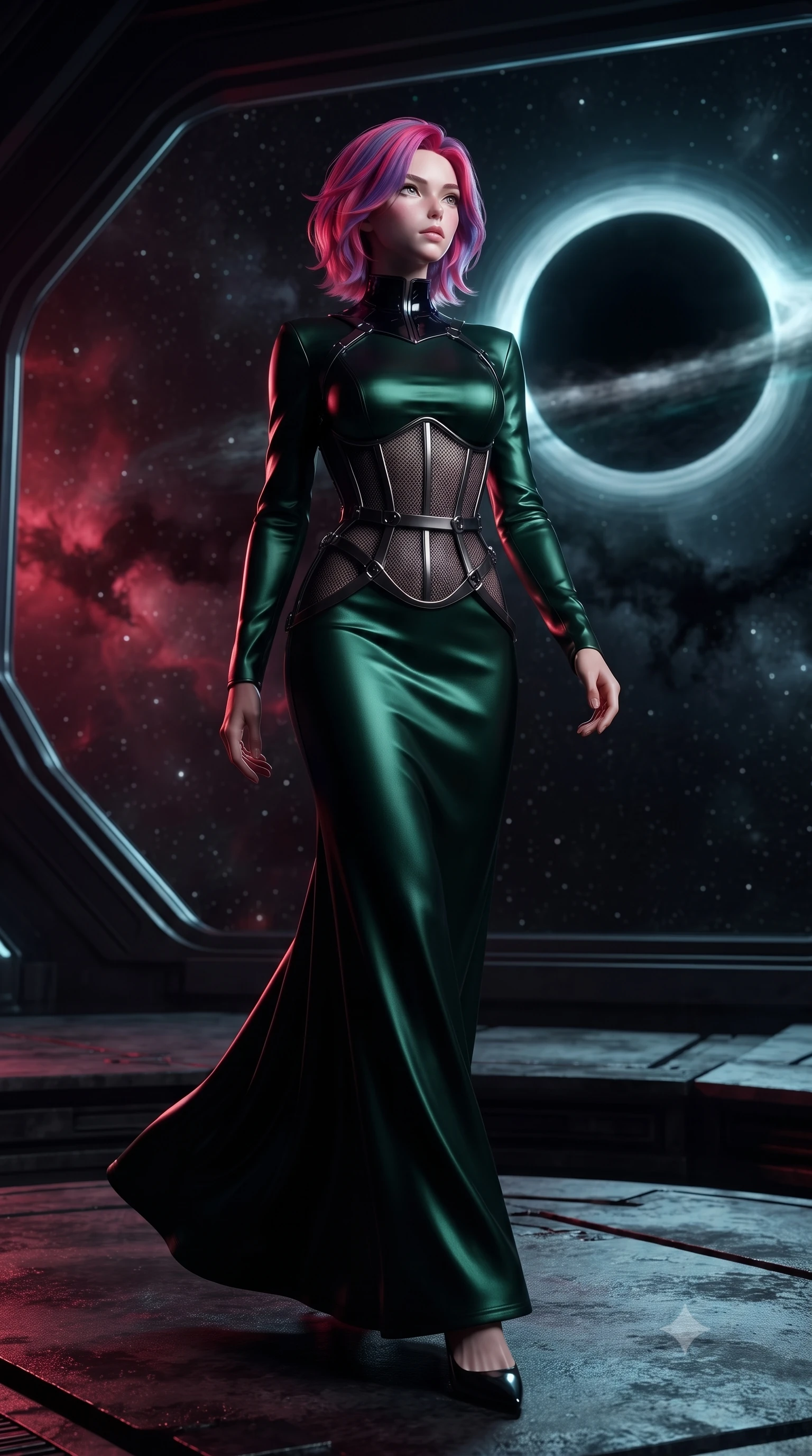 score_9, masterpiece, best quality, ultra-detailed, high-budget anime keyframe, editorial fashion photography, tasteful artistic composition, Caucasian woman. low angle full-body shot from head to toe showing her feet, filling the entire 9:16 vertical frame with her statuesque presence, stretching her vertical silhouette. stepping gracefully through the dark environment, stretching her statuesque silhouette, looking out at a dying dark star surrounded by pitch-black galaxy dust, translucent star charts projecting subtle cyan key highlights. She has an absolutely perfect, statuesque 8.5-heads proportion, an exceptionally tall and slender model-like female figure with impossibly long slender legs and an ultra-slim waist. sharp v-shaped jawline, high-bridge nose, intricate jewel-like eyes with depth, thick eyelashes, glossy lips with a natural sheen. wearing long-sleeved dark emerald satin gown with high structured neckline in obsidian black, made of fine dark contouring mesh, highlighted by a gunmetal metallic harness structure, contouring every curve with an exceptionally elegant silhouette. illuminated by deep crimson nebula glow and sharp starlight rim lighting. ultra-reflective glossy finish, specular highlights, metallic sheen, high-contrast stereoscopic depth, volumetric dynamic lighting, 2k, ultra detail, master piece, 9:16 ratio