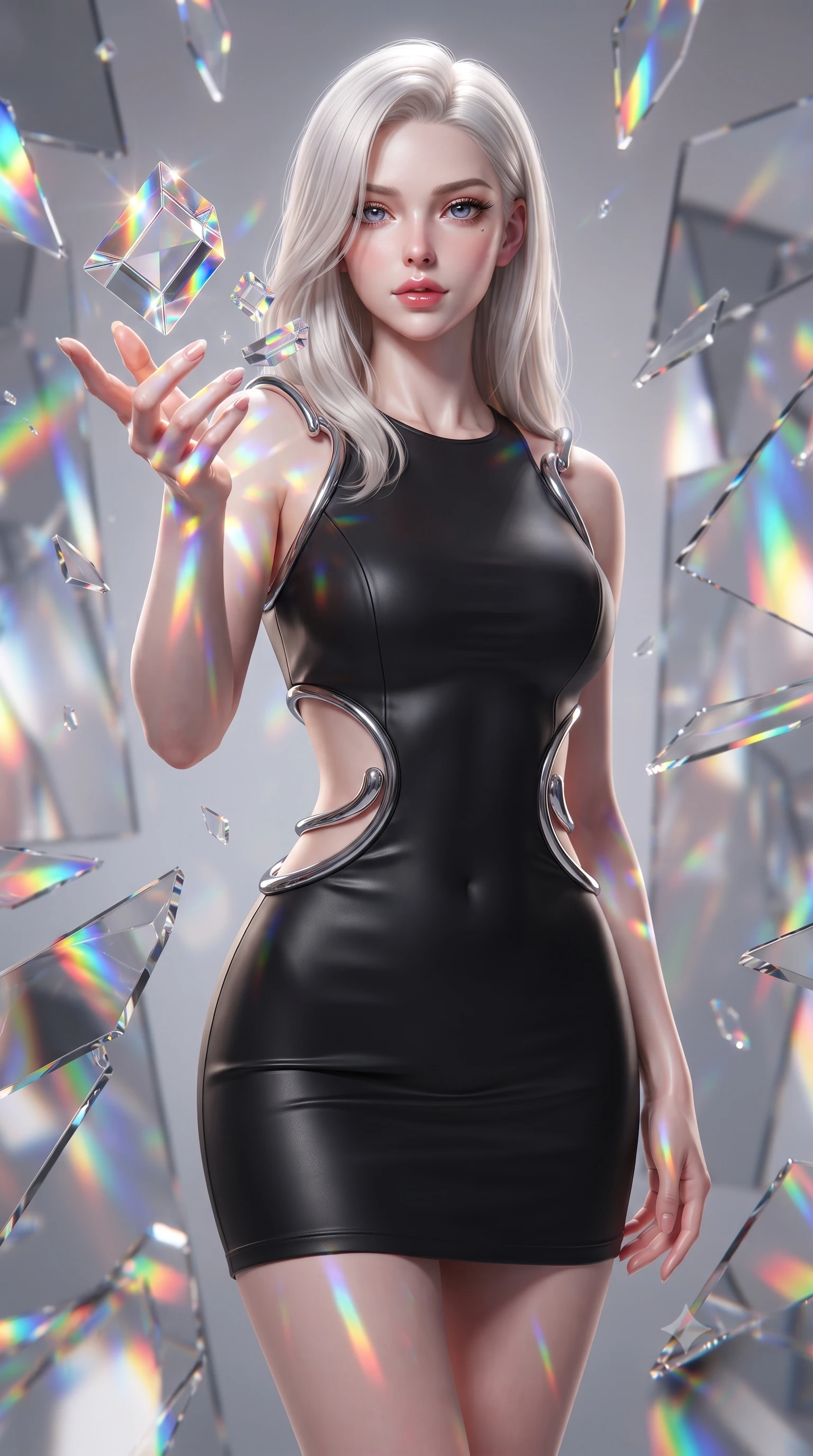 score_9, masterpiece, best quality, ultra-detailed, high-budget anime keyframe, editorial fashion photography, tasteful artistic composition, Caucasian woman. close-up cowboy shot from the waist and thighs up, the character dominates the composition, filling the frame with her large presence, background elements kept in soft focus. Reaching one hand gracefully toward the viewer with effortless superiority and allure interacting with floating glass prisms that refract liquid light into rainbows, shattered mirror shards scattering brilliant rainbow reflections everywhere. She has an exceptionally elegant, slender, and willowy female figure with an ultra-slim waist, a gracefully sculpted slender torso, and a refined silhouette. sharp v-shaped jawline, high-bridge nose, intricate jewel-like eyes with depth, thick eyelashes, glossy lips with a natural sheen. wearing a dramatic open-waist cutout mini dress in matte black framed by sculptural chrome hardware, the sleek second-skin texture accentuating her magnetic presence. drenched in bright white key light with colorful prismatic rim lighting. ultra-reflective glossy finish, specular highlights, metallic sheen, high-contrast stereoscopic depth, volumetric dynamic lighting, 2k, ultra detail, master piece, 9:16 ratio