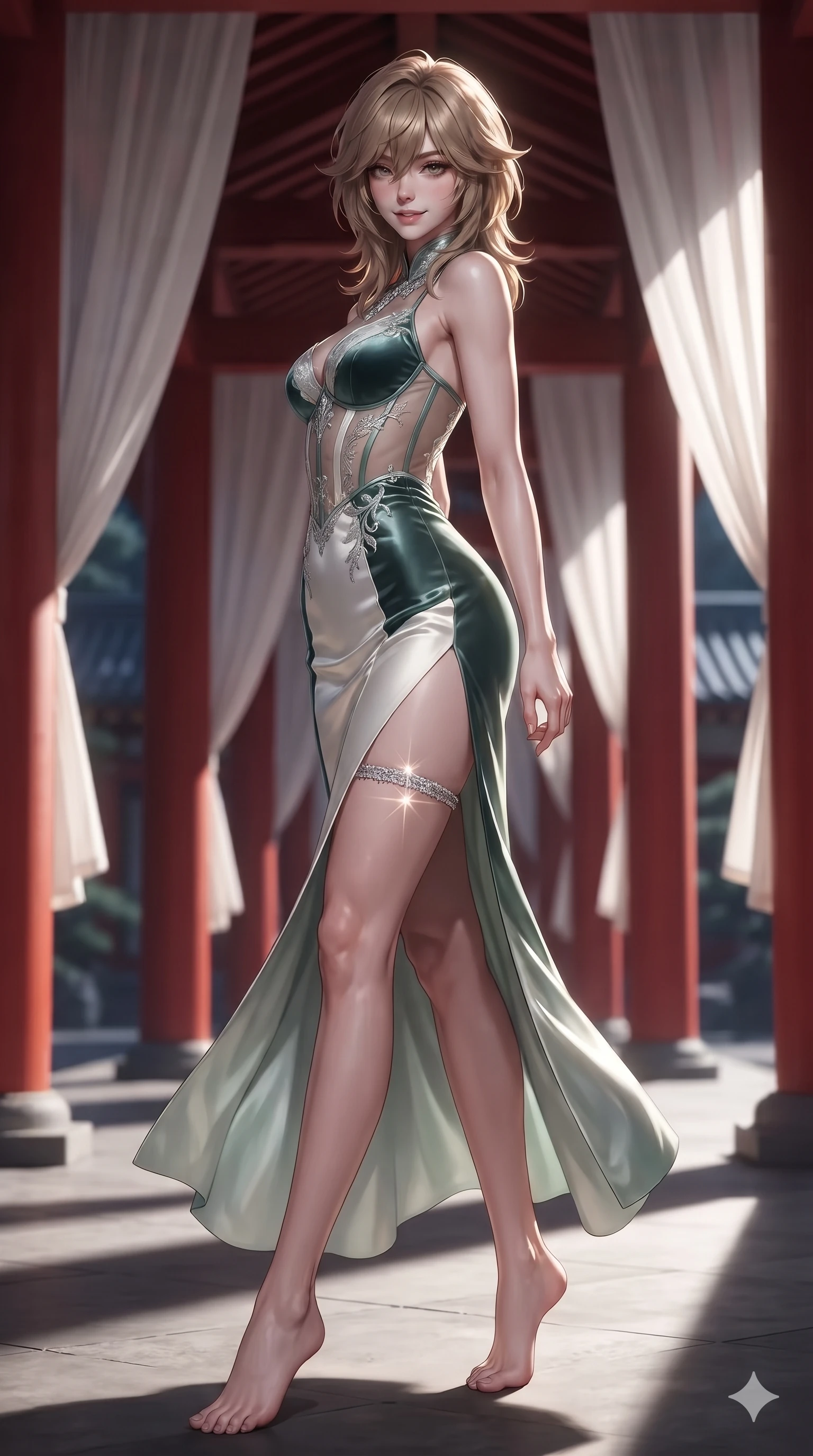 score_9, masterpiece, best quality, ultra-detailed, high-budget anime keyframe, editorial fashion photography, tasteful artistic composition, Japanese woman. low angle full-body shot from head to toe showing her feet, filling the entire 9:16 vertical frame with her statuesque presence, stretching her vertical silhouette. executing a slow, graceful pivot turn as her silk wrap skirt sways around her slender legs, glancing back with an enchanting, teasing sensual expression while twisting her slender torso in an alluring S-curve beside the curved roof eaves, moonlight tracing her narrow waist and rounded hips. The background shows a soft-focus endless perspective of red lacquer pillars, fluttering white silk gauze curtains, and moonlit courtyards blurred into vermilion, pure white, and slate bokeh. She has an absolutely perfect, statuesque 8.5-heads proportion, an exceptionally tall and slender model-like female figure with impossibly long slender legs, an ultra-slim waist, a flat toned midriff, narrow delicate ribcage, and beautifully sculpted feminine hips creating a graceful, slim hourglass silhouette without any bulky heaviness. sharp v-shaped jawline, high-bridge nose, sparkling eyes with hypnotic seductive depth, thick curled eyelashes, glossy parted lips with a natural dewy peach sheen, alluring bedroom-eyes with an enchanting coquettish smile, exuding magnetic siren charisma and sophisticated glamour, flawlessly proportioned anatomical accuracy, strict slender model proportions, natural body alignment, perfectly sculpted long slender limbs, ultra-slim waistline, clean dynamic posture without body distortion. wearing a sheer-illusion mesh corset gown with strategic opaque velvet hanbok panels framing her waist and hips in moonlit jade green and pure alabaster white with silver accents, tailored from smooth liquid silk satin with a natural dewy moonlight sheen, accented with a delicate crystal-encrusted thigh garter strap glinting under the lights, the form-contouring silhouette accentuating her sculpted flat midriff, narrow delicate ribcage, and gracefully curvy hips with intoxicating allure. bathed in high-contrast full-moon light streaming horizontally between veranda pillars. ultra-reflective glossy finish, specular highlights, rich textural contrasts, high-contrast stereoscopic depth, volumetric dynamic lighting, 2k, ultra detail, master piece, 9:16 ratio