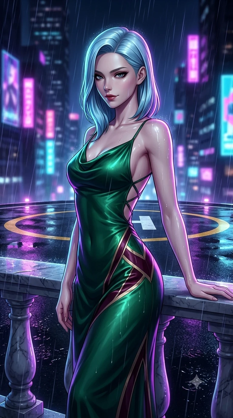 score_9, masterpiece, best quality, ultra-detailed, high-budget anime keyframe, semi-realistic 3D game render, editorial fashion photography, tasteful artistic composition, Korean woman. close-up cowboy shot from the waist and thighs up, the character dominates the composition, filling the frame with her large presence. resting one elbow on the marble balustrade while arching her spine with dancer poise, her dark bedroom-eyes casting a magnetic sidelong glance while standing poised in the center of the illuminated circular helipad as rain whips across the tarmac, arching her back with sovereign cyberpunk siren grace. The background shows a soft-focus towering Shinjuku skyscraper canyons, holographic neon billboards, and endless rain haze blurred into electric magenta, cyan, and deep purple bokeh. She has an exceptionally elegant, slender, and willowy female figure with an ultra-slim waist, flat toned midriff, narrow ribcage, and sculpted feminine hips creating an alluring, slim hourglass silhouette without bulk. sharp v-shaped jawline, high-bridge nose, intricate jewel-like dark sparkling eyes with dangerous depth, thick curled eyelashes, glossy parted lips with a rich wine sheen, smoldering seductive half-smile with bedroom-eyes, exuding effortless superiority and intoxicating dark allure, flawlessly proportioned anatomical accuracy, strict slender model proportions, natural body alignment, perfectly sculpted long slender limbs, ultra-slim waistline, clean dynamic posture without body distortion. wearing a cowl-neck emerald green silk satin slip dress with criss-cross back straps and hip-accentuating drape in dark mulberry wine and antique champagne, made of fluid liquid jersey with seamless sculpting hold and smooth contours, complemented by strappy stiletto heels with metallic ankle cuffs accentuating her slender calves, the form-contouring cut accentuating her sculpted flat midriff, narrow delicate ribcage, and gracefully curvy hips with intoxicating allure. illuminated by wet tarmac puddle bounce and sharp ultraviolet rim lights sculpting her razor-sharp jawline, narrow waist, and curvy hips. highly saturated vibrant anime colors, detailed shading with soft gradients, rich glossy textures, high-contrast stereoscopic depth, volumetric dynamic lighting, master piece, 9:16 ratio