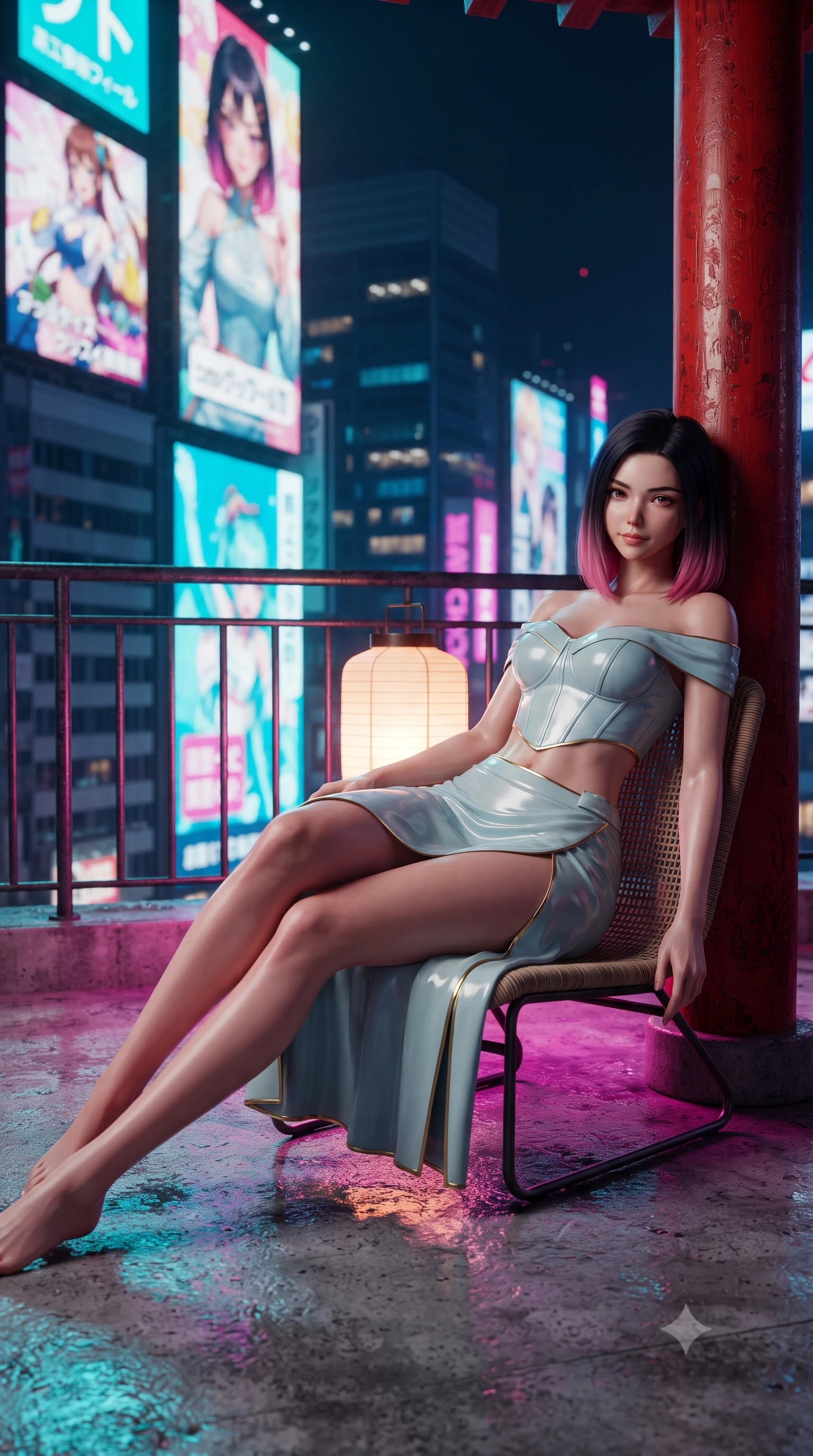 score_9, masterpiece, best quality, ultra-detailed, high-budget anime keyframe, editorial fashion photography, tasteful artistic composition, Korean woman. close-up cowboy shot from the waist and thighs up, the character dominates the composition, filling the frame with her large presence. leaning back against the red lacquer pillar with relaxed seductive grace, her flat midriff and narrow waist highlighted as warm lantern light traces her curves while lounging in a modernist low rattan lounge with legs extended, her high-slit modern fusion gown glowing under colossal skyscraper billboards. The surrounding environment is rendered in vivid detail and crisp panoramic clarity: sharp neon glass tube filaments, wet concrete roof textures, and iron railing bolts in deep focus. She has an exceptionally elegant, slender, and willowy female figure with an ultra-slim waist, flat toned midriff, narrow ribcage, and sculpted feminine hips creating an alluring, slim hourglass silhouette without bulk. sharp v-shaped jawline, high-bridge nose, intricate jewel-like dark sparkling almond eyes with depth, thick lashes, glossy parted lips with a natural rose-plum sheen, bright alluring and coquettish smile with bedroom-eyes, exuding both timeless oriental elegance and sovereign high-fashion allure, flawlessly proportioned anatomical accuracy, strict slender model proportions, natural body alignment, perfectly sculpted long slender limbs, ultra-slim waistline, clean dynamic posture without body distortion. wearing a modern two-piece fusion set with an off-shoulder crop blouse and high-slit wrap skirt tracing her curvaceous hips in pure celadon porcelain blue and cloud white, tailored from fine crisp cotton-linen with clean structural lines, finished with sharp laser-cut side hip slits framed by gold piping, the form-fitting tailored bodice adhering flawlessly to her sculpted flat midriff and slender torso, emphasizing her long leg lines and perfectly proportioned willowy build. bathed in intense, high-contrast neon magenta and electric turquoise underlights bouncing off wet surfaces. ultra-reflective glossy finish, specular highlights, rich textural contrasts, high-contrast stereoscopic depth, volumetric dynamic lighting, 2k, ultra detail, master piece, 9:16 ratio