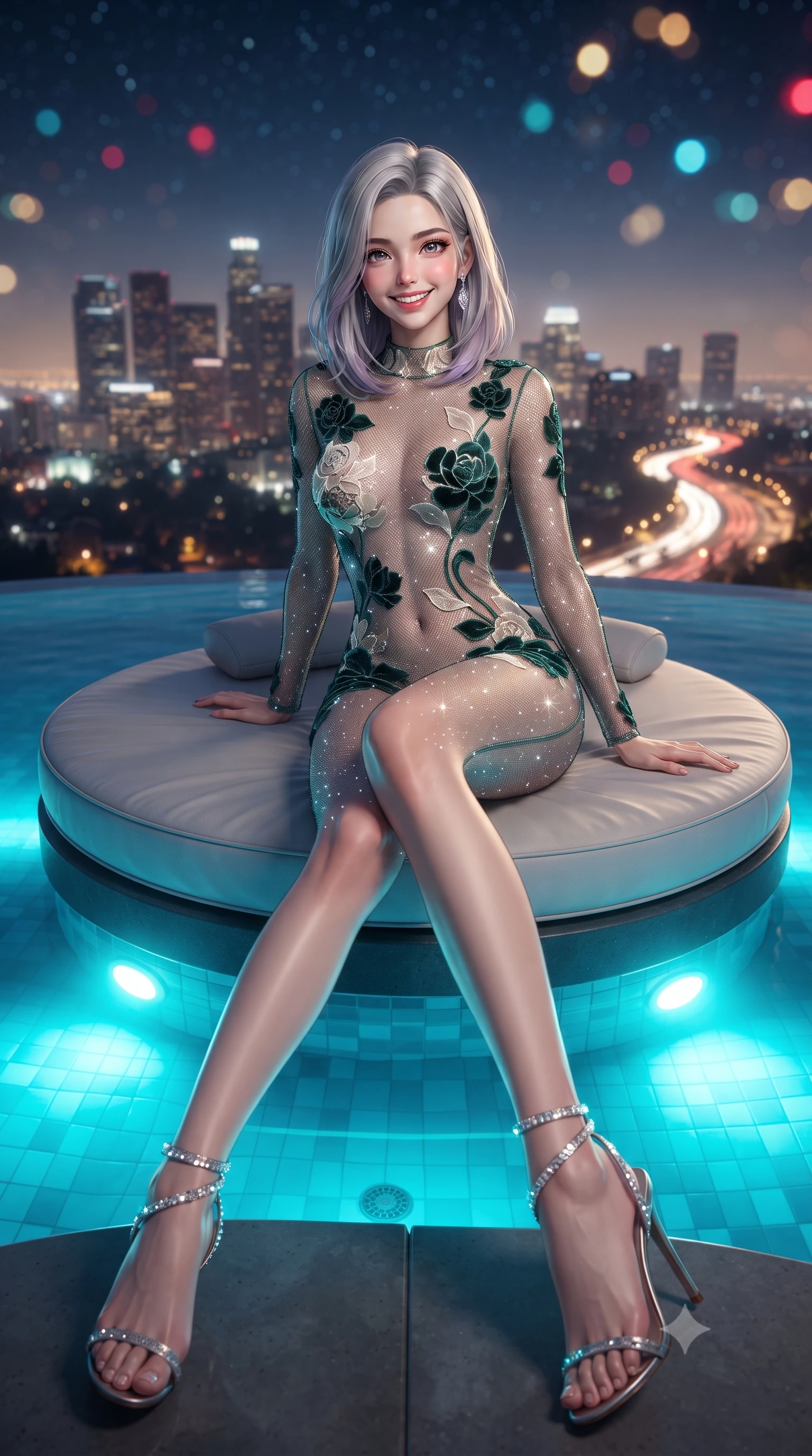 score_9, masterpiece, best quality, ultra-detailed, high-budget anime keyframe, editorial fashion photography, tasteful artistic composition, Caucasian woman. low angle full-body shot from head to toe showing her feet, filling the entire 9:16 vertical frame with her statuesque presence, stretching her vertical silhouette. stepping slowly toward the camera with hypnotic grace, hips swaying in an alluring sensual rhythm that accentuates her curvy hourglass silhouette and long slender legs while lounging on the circular floating daybed with legs extended, displaying her long slender limbs and statuesque hourglass silhouette. The background shows a soft-focus sweeping vista of downtown LA skyscrapers, winding canyon highway headlights, and starry sky blurred into ruby, cyan, and gold bokeh. She has an exceptionally tall and slender model-like 8.5-heads proportion, an ultra-slim waist, a flat toned midriff, narrow delicate ribcage, and beautifully sculpted feminine hips creating a graceful, slim hourglass silhouette without any bulky heaviness, with impossibly long slender legs. sharp v-shaped jawline, high-bridge nose, intricate jewel-like sparkling eyes with depth, thick eyelashes, glossy parted lips with a natural peach sheen, bright cheerful beaming smile with an enchanting and coquettish sensual glint, exuding both youthful cute charm and seductive allure, flawlessly proportioned anatomical accuracy, strict slender model proportions, natural body alignment, perfectly sculpted long slender limbs, ultra-slim waistline, clean dynamic posture without body distortion. wearing a provocative sheer mesh catsuit with strategic velvet floral appliqués contouring her slender hourglass frame in Namsan moonlit mist ivory and jade pine green, woven from stretch metallic lurex jersey casting radiant starlight glints across her curves, complemented by strappy stiletto sandals with crystal ankle wraps accentuating her slender calves, the second-skin tailored fabric adhering flawlessly to her sculpted flat midriff and slender torso, emphasizing her long leg lines and perfectly proportioned willowy build. bathed in electric cyan underwater pool lights contrasted with warm city horizon ambient. ultra-reflective glossy finish, specular highlights, rich textural contrasts, high-contrast stereoscopic depth, volumetric dynamic lighting, 2k, ultra detail, master piece, 9:16 ratio