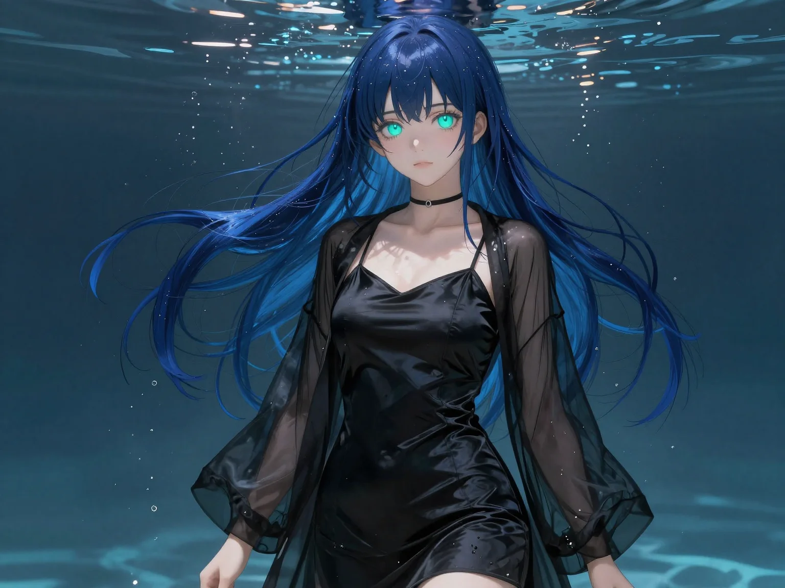 A semi-realistic Japanese manga style female teenager, 175cm tall, with long flowing blue-black hair with a wet look and aqua turquoise eyes glowing vividly. She wears a black satin slip dress with sheer outerwear, reflecting a Gen Z luxury aesthetic, in a submerged dreamy atmosphere with water reflections.