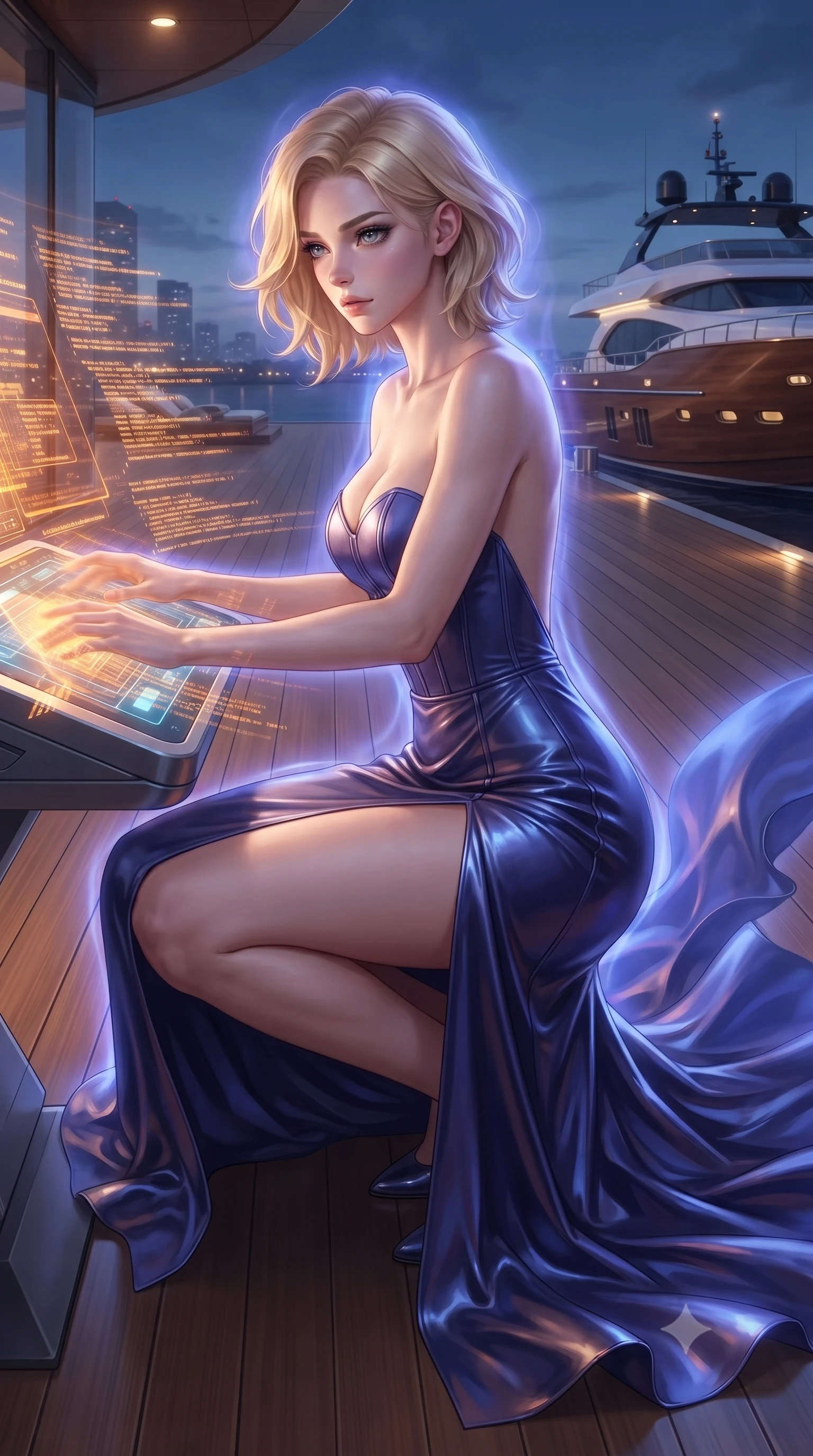 score_9, masterpiece, best quality, ultra-detailed, high-budget anime keyframe, editorial fashion photography, tasteful artistic composition, realistic cosplay photography, Caucasian woman, strictly human ears. close-up cowboy shot from the waist and thighs up, the character dominates the composition, filling the frame with her large presence, background elements kept in soft focus. Hacking a security terminal in a low crouch, fingers moving in a blur as amber code screens surround her. set against a soft-focus background of a polished wooden deck extending from a skyscraper, a luxury wooden-hulled flying yacht docked at the gate. She has an exceptionally elegant and slender, willowy female figure with an ultra-slim waist, a gracefully sculpted slender torso, and a refined slim physique. sharp v-shaped jawline, high-bridge nose, intricate jewel-like eyes with depth, thick eyelashes, glossy lips with a natural sheen. wearing the lightweight fabric rippling and billowing dramatically with her movement, a form-contouring structured bustier gown in deep indigo blue, featuring a boned bodice, a daring high front slit, and a completely open back. cool ethereal blue-violet bioluminescent glow wrapping around her from all sides. ultra-reflective glossy finish, specular highlights, metallic sheen, high-contrast stereoscopic depth, volumetric dynamic lighting, 2k, ultra detail, master piece, 9:16 ratio
