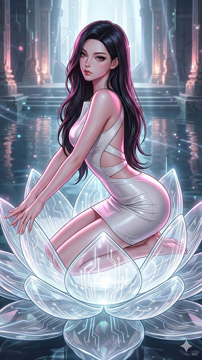 An atmospheric anime keyframe video with a slow-motion feel. The camera slowly glides sideways. Volumetric light rays stream from above, casting soft, moving shadows. Tiny dust particles drift in the light. The character's hair moves gently in a quie