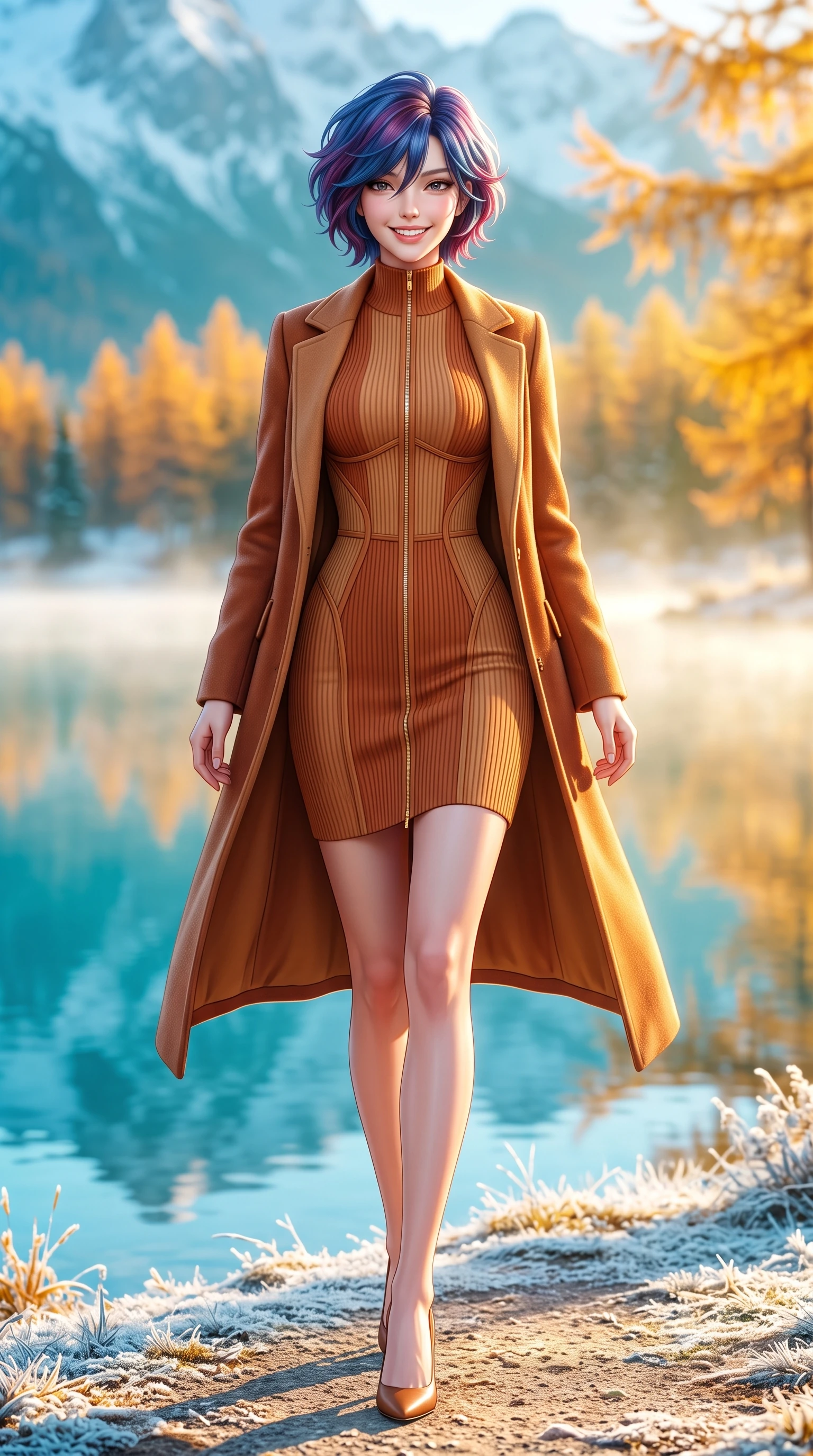 score_9, masterpiece, best quality, ultra-detailed, high-budget anime keyframe, semi-realistic 3D game render, editorial fashion photography, tasteful artistic composition, Korean woman. low angle full-body shot from head to toe showing her feet, filling the entire 9:16 vertical frame with her statuesque presence, stretching her vertical silhouette. stepping forward in a confident stride, her long slender legs and curvaceous hips creating a dynamic, sweeping vertical line while stepping forward with brisk, graceful strides on the frosted path, her long wool coat creating an impeccably slender vertical line. The background shows a soft-focus mirror-like turquoise lake reflecting snow peaks, blazing golden needle larch trees, and early morning shoreline frost blurred into turquoise, marigold, and frost white bokeh. She has an exceptionally tall and slender model-like 8.5-heads proportion, an ultra-slim waist, a flat toned midriff, narrow delicate ribcage, and beautifully sculpted feminine hips creating a graceful, slim hourglass silhouette without any bulky heaviness, with impossibly long slender legs. sharp v-shaped jawline, high-bridge nose, intricate jewel-like sparkling eyes with depth, thick eyelashes, glossy parted lips with a natural peach sheen, bright cheerful beaming smile with an enchanting and coquettish sensual glint, exuding both youthful cute charm and seductive allure, flawlessly proportioned anatomical accuracy, strict slender model proportions, natural body alignment, perfectly sculpted long slender limbs, ultra-slim waistline, clean dynamic posture without body distortion. wearing a sculpted double-faced wool knit dress with sleek architectural seam lines accentuating her flat midriff and feminine hips in warm winter cinnamon and toasted caramel, woven from fine elastic rib-knit fabric tracing every millimeter of her slender torso, featuring fine gold zipper details tracing the vertical spine and contour seams, the liquid-tight tailored fabric clinging flawlessly to her narrow waist and rounded feminine hips, emphasizing every millimeter of her sculpted slim hourglass curves without any bulky heaviness. bathed in crisp, sparkling morning sun breaking over mountain crests, illuminating lake mist with ethereal golden backlighting. highly saturated vibrant anime colors, detailed shading with soft gradients, rich glossy textures, high-contrast stereoscopic depth, volumetric dynamic lighting, master piece, 9:16 ratio