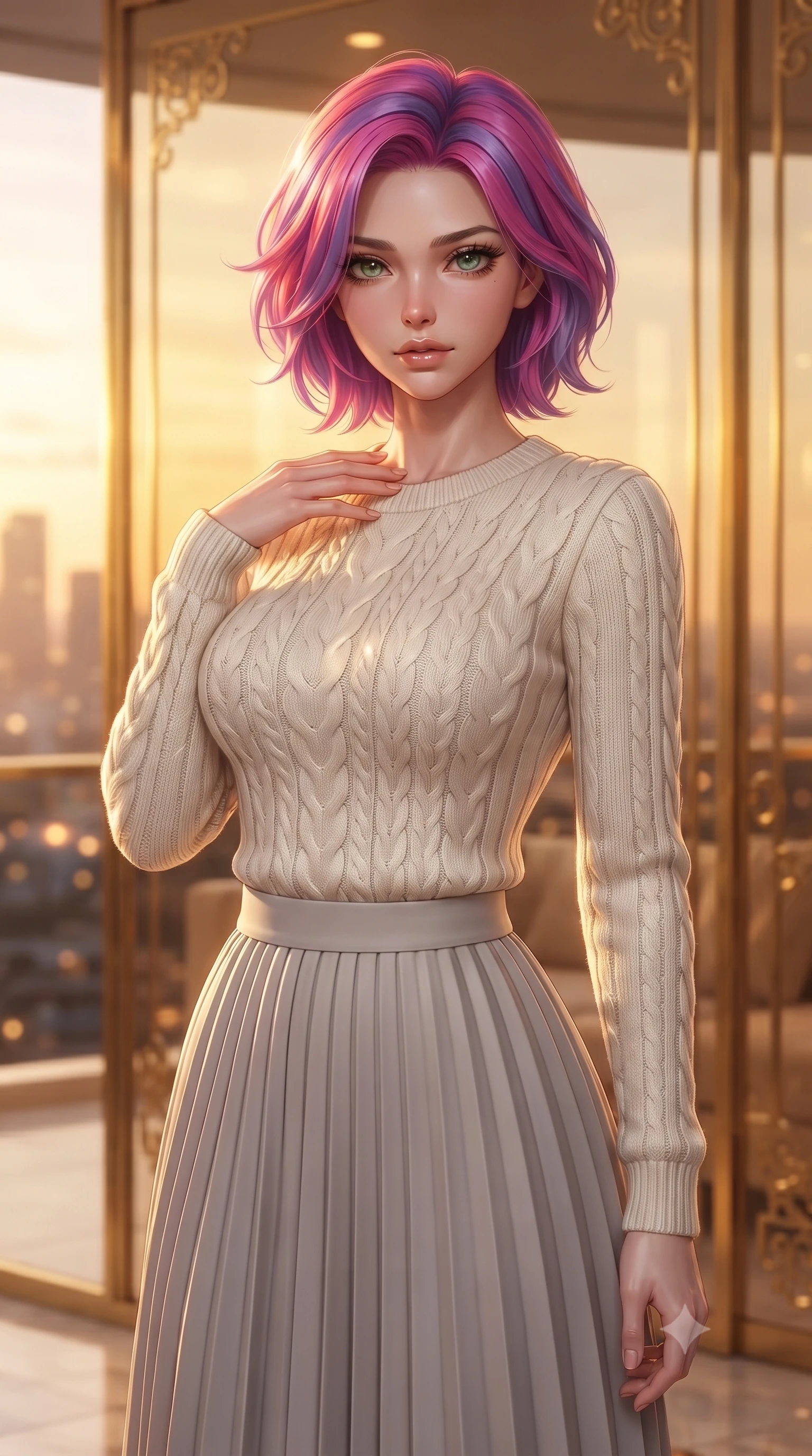 score_9, masterpiece, best quality, ultra-detailed, high-budget anime keyframe, editorial fashion photography, tasteful artistic composition, Caucasian woman. close-up cowboy shot from the waist and thighs up, the character dominates the composition, filling the frame with her large presence, background elements kept in soft focus. standing with one hand resting on her collarbone, looking at the viewer with bedroom-eyes the background shows a soft-focus a luxury hotel penthouse balcony with gold glass panels showing city lights. She has an exceptionally elegant, slender, and willowy female figure with an ultra-slim waist, a gracefully sculpted slender torso, and a refined silhouette. sharp v-shaped jawline, high-bridge nose, intricate jewel-like eyes with depth, thick eyelashes, glossy lips with a natural sheen. wearing a body-hugging cozy cable-knit sweater in ivory, paired with a pleated light grey midi skirt. soft golden hour sunset glow painting the room in a romantic wash. ultra-reflective glossy finish, specular highlights, metallic sheen, high-contrast stereoscopic depth, volumetric dynamic lighting, 2k, ultra detail, master piece, 9:16 ratio