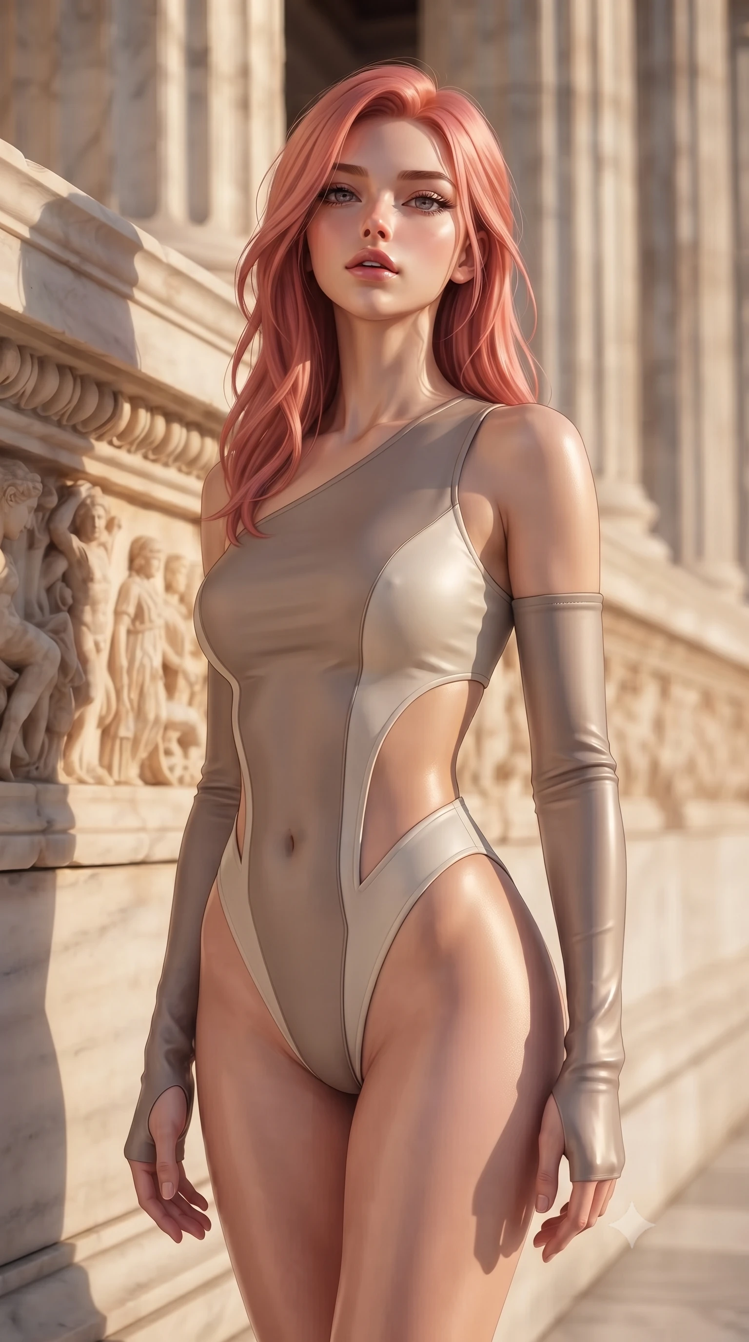 score_9, masterpiece, best quality, ultra-detailed, high-budget anime keyframe, editorial fashion photography, tasteful artistic composition, Japanese woman. close-up cowboy shot from the waist and thighs up, the character dominates the composition, filling the frame with her large presence, background elements kept in soft focus. Tilting her chin up slightly with lips parted in a magnetic, composed expression poised beside a carved marble frieze reflecting warm golden sunbeams, crisp architectural shadow lines cast by tall marble columns. She has an exceptionally elegant, slender, and willowy female figure with an ultra-slim waist, a gracefully sculpted slender torso, and a refined silhouette. sharp v-shaped jawline, high-bridge nose, intricate jewel-like eyes with depth, thick eyelashes, glossy lips with a natural sheen. wearing an asymmetrical high-cut tech-bodysuit with detached sleeves in muted taupe and soft ivory, crafted from smooth liquid silk, featuring clean architectural cutouts along her slender torso, the glove-like fit emphasizing her statuesque silhouette. surrounded by a noble, timeless acropolis radiance. highly saturated vibrant anime colors, detailed shading with soft gradients, rich glossy textures, high-contrast stereoscopic depth, volumetric dynamic lighting, master piece, 9:16 ratio