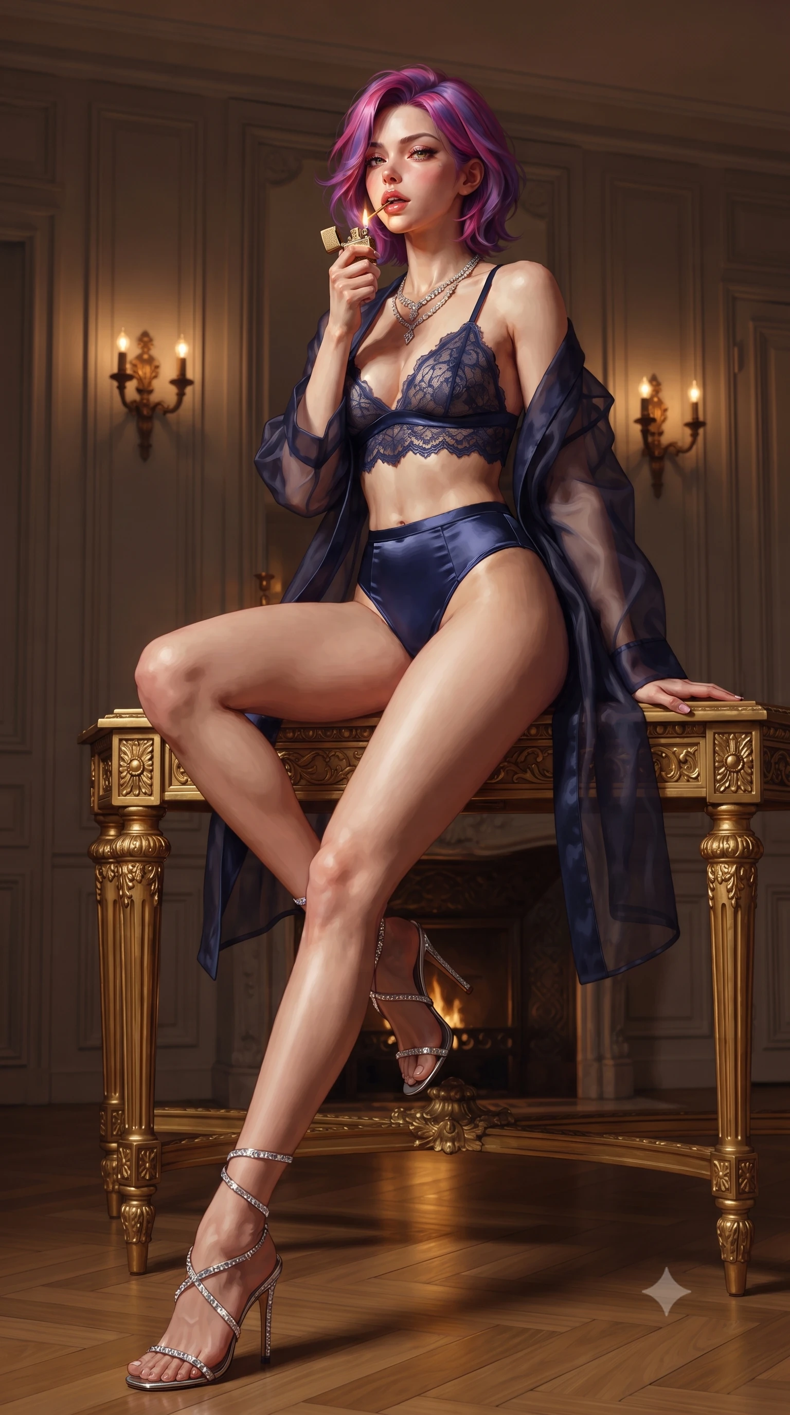 score_9, masterpiece, best quality, ultra-detailed, high-budget anime keyframe, editorial fashion photography, tasteful artistic composition, Caucasian woman. low angle full-body shot from head to toe showing her feet, filling the entire 9:16 vertical frame with her statuesque presence, stretching her vertical silhouette. stepping slowly toward the camera with hypnotic grace, hips swaying in an alluring sensual rhythm that accentuates her curvy hourglass silhouette and long slender legs while perched sideways on the gilded console table with one leg extended, holding an antique gold lighter near her glossy parted lips. The surrounding environment is rendered in vivid detail and crisp panoramic clarity: detailed French Chantilly lace teddy texture, diamond necklace sparkle, and historic Haussmann interior architecture in razor-sharp precision. She has an absolutely perfect, statuesque 8.5-heads proportion, an exceptionally tall and slender model-like female figure with impossibly long slender legs, an ultra-slim waist, a flat toned midriff, narrow delicate ribcage, and beautifully sculpted feminine hips creating a graceful, slim hourglass silhouette without any bulky heaviness. sharp v-shaped jawline, high-bridge nose, sparkling eyes with hypnotic seductive depth, thick curled eyelashes, glossy parted lips with a natural dewy peach sheen, alluring bedroom-eyes with an enchanting coquettish smile, exuding magnetic siren charisma and sophisticated glamour, flawlessly proportioned anatomical accuracy, strict slender model proportions, natural body alignment, perfectly sculpted long slender limbs, ultra-slim waistline, clean dynamic posture without body distortion. wearing a sheer organza kimono robe worn loose and slipping off bare shoulders over a matching satin bralette and high-waisted briefs in molten liquid silver and deep sapphire navy, tailored from fine structural neoprene with crisp architectural edges and smooth contouring, complemented by strappy stiletto sandals with crystal ankle wraps accentuating her slender calves, the form-contouring silhouette accentuating her sculpted flat midriff, narrow delicate ribcage, and gracefully curvy hips with intoxicating allure. bathed in warm 2600K fireplace firelight combined with dim gilded wall sconce radiance. ultra-reflective glossy finish, specular highlights, rich textural contrasts, high-contrast stereoscopic depth, volumetric dynamic lighting, 2k, ultra detail, master piece, 9:16 ratio