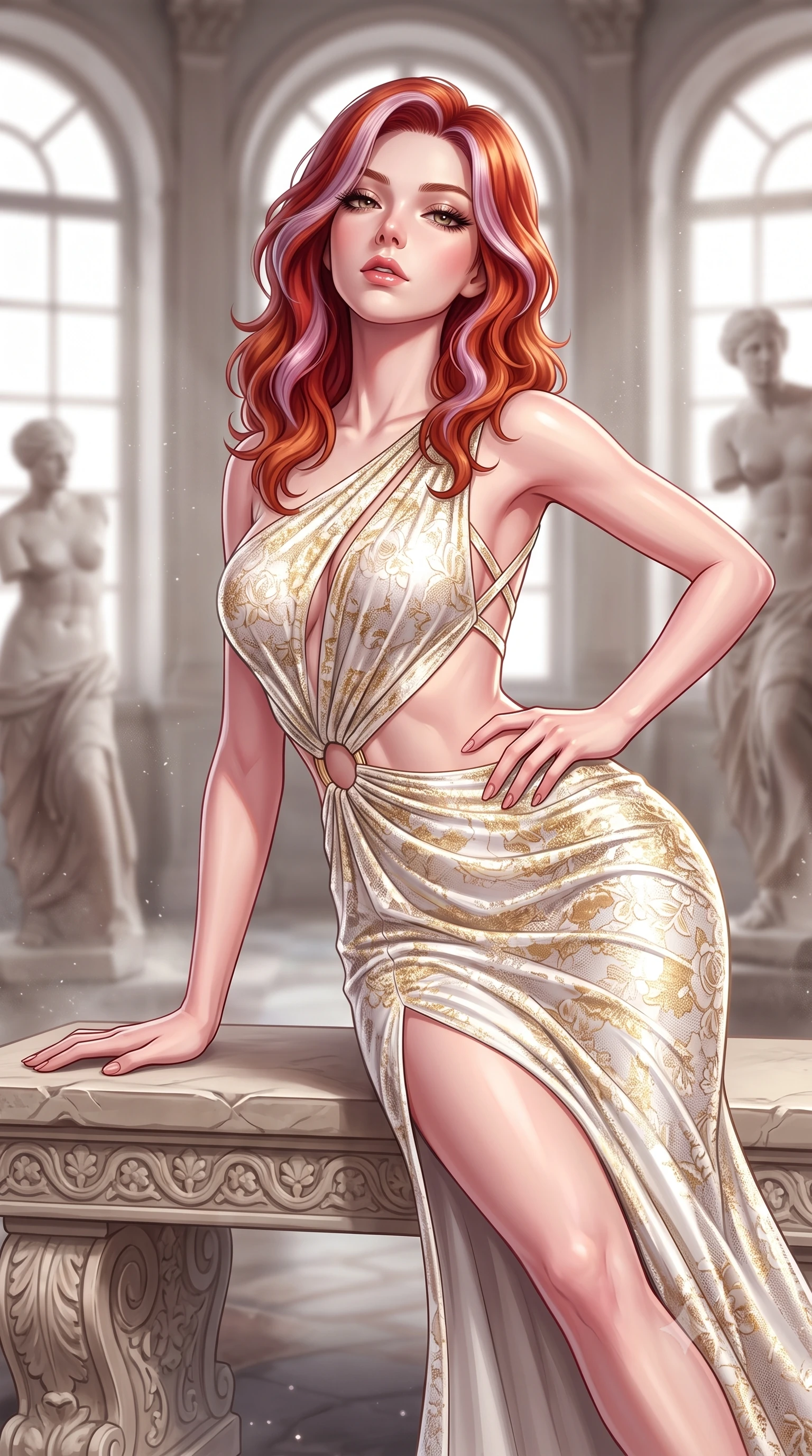 score_9, masterpiece, best quality, ultra-detailed, high-budget anime keyframe, semi-realistic 3D game render, editorial fashion photography, tasteful artistic composition, Caucasian woman. close-up cowboy shot from the waist and thighs up, the character dominates the composition, filling the frame with her large presence. tilting her chin up with proud, sovereign allure while gazing through thick eyelashes, one hand resting on her waist in pure supermodel charisma while reclining on a low carved stone bench amidst unfinished plaster statues, torso propped on one hand with smoldering artistic allure. The composition keeps background elements in soft focus with creamy bokeh. soaring arched studio windows and drifting marble dust softened in classical artistic shallow focus. She has an exceptionally elegant, slender, and willowy female figure with an ultra-slim waist, a gracefully sculpted slender torso, toned flat midriff, and rounded feminine hips creating an alluring hourglass silhouette. sharp v-shaped jawline, high-bridge nose, intricate jewel-like eyes with depth, thick eyelashes, glossy parted lips with a natural sheen, intensely captivating and seductive bedroom-eyes expression, flawlessly proportioned anatomical accuracy, strict slender model proportions, natural body alignment, perfectly sculpted long slender limbs, ultra-slim waistline, clean dynamic posture without body distortion. wearing a classical draped chiton evening dress with an open waist ring cutout and breezy side slit in gilded gold leaf and pure white plaster, formed from shimmering floral lace over smooth opaque silk lining, accented with criss-cross back straps highlighting her graceful shoulder blades, the glove-like aerodynamic silhouette tightly following the natural contour of her hips and long slender legs with statuesque precision. illuminated by crisp sculptural key lighting carving her narrow waist, curved hips, and statuesque limbs. highly saturated vibrant anime colors, detailed shading with soft gradients, rich glossy textures, high-contrast stereoscopic depth, volumetric dynamic lighting, master piece, 9:16 ratio