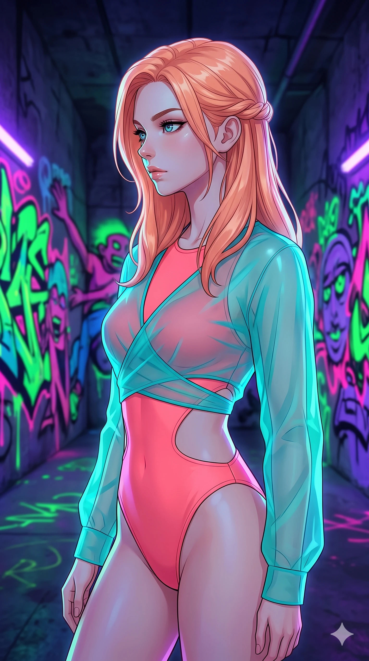 score_9, masterpiece, best quality, ultra-detailed, high-budget anime keyframe, editorial fashion photography, tasteful artistic composition, Japanese woman. close-up cowboy shot from the waist and thighs up, the character dominates the composition, filling the frame with her large presence, background elements kept in soft focus. Turning her face in sharp dramatic profile against the light. set against a soft-focus background of a vast underground chamber where spray-paint graffiti murals covering every surface glow with neon light and the painted characters animate and move within their murals reaching across walls. She has an exceptionally elegant and slender, willowy female figure with an ultra-slim waist, a gracefully sculpted slender torso, and a refined slim physique. sharp v-shaped jawline, high-bridge nose, intricate jewel-like eyes with depth, thick eyelashes, glossy lips with a natural sheen. wearing a vibrant coral pink bodysuit with a dramatic architectural open-waist cutout, layered naturally under a sheer turquoise organza wrap shrug to accent her slender waist. vivid neon UV blacklight making fluorescent graffiti colors pop intensely in electric green hot pink and ultraviolet against the dark concrete surfaces. 2k, ultra detail, master piece, 9:16 ratio