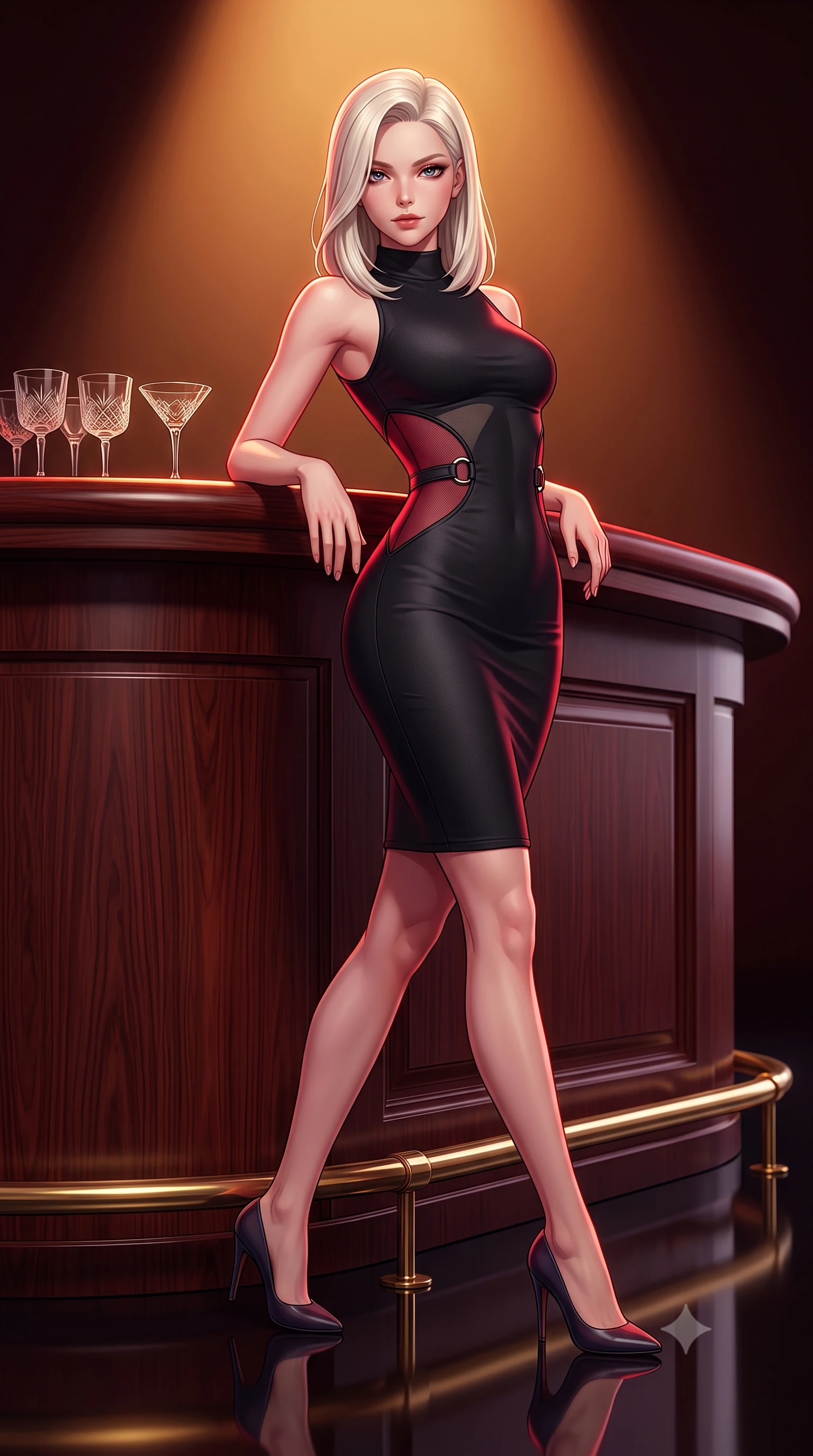 score_9, masterpiece, best quality, ultra-detailed, high-budget anime keyframe, semi-realistic 3D game render, editorial fashion photography, tasteful artistic composition, Caucasian woman. low angle full-body shot from head to toe showing her feet, filling the entire 9:16 vertical frame with her statuesque presence, stretching her vertical silhouette. striding forward gracefully across the reflective floor with sovereign supermodel poise, hips swaying in an alluring kinetic rhythm that accentuates her curvy hourglass silhouette and long slender legs while leaning over the curved dark mahogany bar counter with hips angled back, arching her spine with relaxed seductive grace as she gazes directly into the lens. The surrounding environment is rendered in vivid detail and crisp panoramic clarity. sharp polished mahogany wood grain, etched vintage cocktail glass patterns, and brass footrail gleam in deep focus. She has an exceptionally tall and slender model-like 8.5-heads proportion, an ultra-slim waist, a flat toned midriff, narrow delicate ribcage, and beautifully sculpted feminine hips creating a graceful, slim hourglass silhouette without any bulky heaviness, with impossibly long slender legs. sharp v-shaped jawline, high-bridge nose, intricate jewel-like dark sparkling eyes with dangerous depth, thick curled eyelashes, glossy parted lips with a rich wine sheen, smoldering seductive half-smile with bedroom-eyes, exuding effortless superiority and intoxicating dark allure, flawlessly proportioned anatomical accuracy, strict slender model proportions, natural body alignment, perfectly sculpted long slender limbs, ultra-slim waistline, clean dynamic posture without body distortion. wearing a high-neck sleeveless bodycon dress in textured matte obsidian with side-torso semi-sheer mesh inserts in ruby crimson and muted shadow black, made of liquid-tight stretch jersey emphasizing every curve of her body, accented with sculptural chrome hardware rings framing the subtle cutouts, the form-fitting cut adhering flawlessly to her sculpted flat midriff and slender torso, emphasizing her long leg lines and perfectly proportioned willowy build. illuminated by a single warm amber spotlight and rich crimson rim light sculpting her sculpted collarbones, narrow waist, and feminine hips. highly saturated vibrant anime colors, detailed shading with soft gradients, rich glossy textures, high-contrast stereoscopic depth, volumetric dynamic lighting, master piece, 9:16 ratio