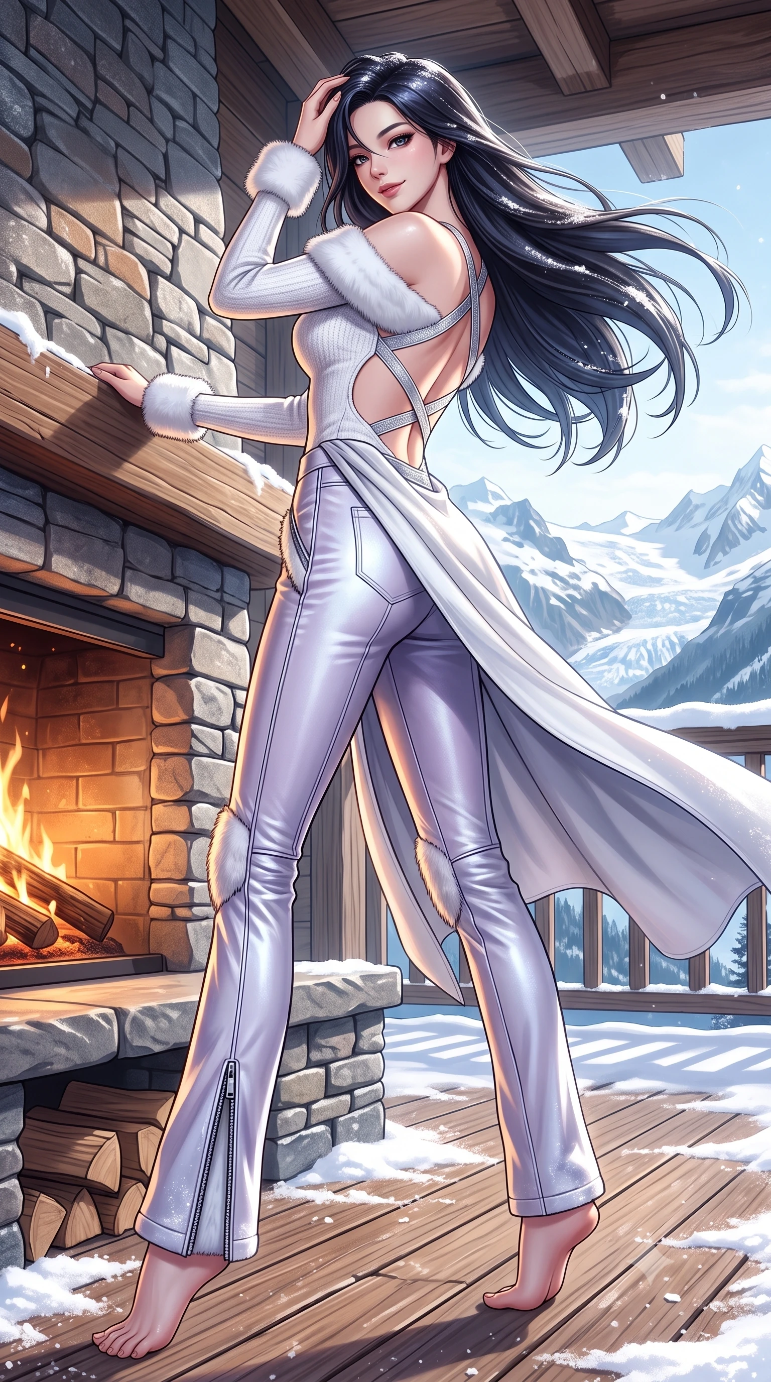 score_9, masterpiece, best quality, ultra-detailed, high-budget anime keyframe, semi-realistic 3D game render, editorial fashion photography, tasteful artistic composition, Korean woman. low angle full-body shot from head to toe showing her feet, filling the entire 9:16 vertical frame with her statuesque presence, stretching her vertical silhouette. pivoting dynamically with supreme athletic balance, her impossibly long slender legs and ultra-slim waist creating a mesmerizing vertical line while leaning back against the heated stone fireplace mantel on the chalet deck, pushing snow-dusted hair back with a sultry smile. The surrounding environment is rendered in vivid detail and crisp panoramic clarity. detailed fur stole fibers, metallic zipper reflections, and distant alpine glacier ridges in high clarity. She has an absolutely perfect, statuesque 8.5-heads proportion, an exceptionally tall and slender model-like female figure with impossibly long slender legs, a toned flat midriff, and an ultra-slim waist. sharp v-shaped jawline, high-bridge nose, intricate jewel-like eyes with depth, thick eyelashes, glossy parted lips with a natural sheen, intensely captivating and seductive expression, flawlessly proportioned anatomical accuracy, strict slender model proportions, natural body alignment, perfectly sculpted long slender limbs, ultra-slim waistline, clean dynamic posture without body distortion. wearing an off-shoulder white shearling-trimmed knit bodysuit paired with high-waisted metallic snow trousers in frosted lavender mist and metallic silver, tailored from supple white lambskin leather with fur trim accents, finished with a dramatic open back framed by criss-cross silver elastic straps, the sweeping couture drape swaying majestically with her steps, accentuating her tall statuesque limbs and slender waistline. illuminated by bright specular snow reflections tracing her sculpted collarbones, waist, and long limbs. highly saturated vibrant anime colors, detailed shading with soft gradients, rich glossy textures, high-contrast stereoscopic depth, volumetric dynamic lighting, master piece, 9:16 ratio