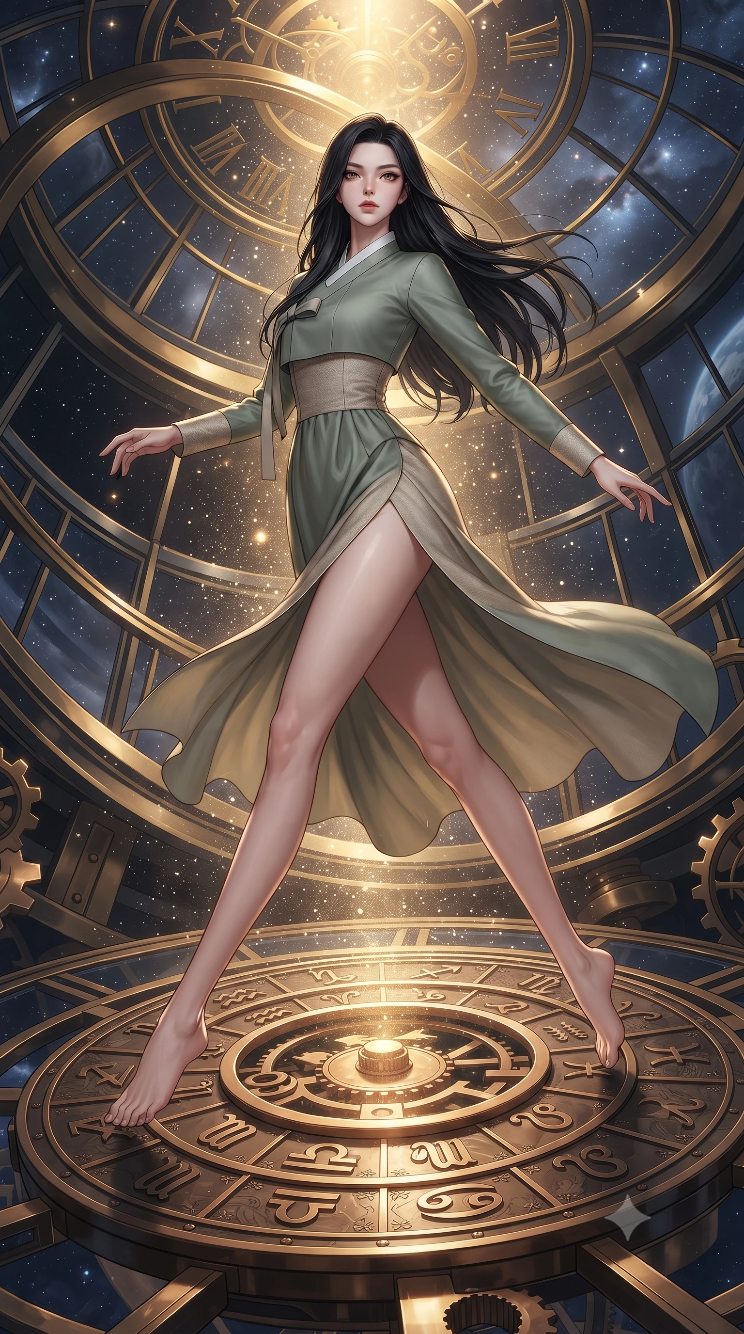 score_9, masterpiece, best quality, ultra-detailed, high-budget anime keyframe, editorial fashion photography, tasteful artistic composition, Korean woman. low angle full-body shot from head to toe showing her feet, filling the entire 9:16 vertical frame with her statuesque presence, stretching her vertical silhouette. leaping gracefully through mid-air with statuesque elegance, her impossibly long slender legs stretched in perfect balance while pivoting dynamically on a revolving bronze zodiac dial surrounded by comet dust streams, starlight particles falling like a golden shower around her dynamic silhouette. She has an absolutely perfect, statuesque 8.5-heads proportion, an exceptionally tall and slender model-like female figure with impossibly long slender legs and an ultra-slim waist. sharp v-shaped jawline, high-bridge nose, intricate jewel-like eyes with depth, thick eyelashes, glossy lips with a natural sheen, flawlessly proportioned anatomical accuracy, natural body alignment, perfectly sculpted elegant limbs, clean dynamic posture without body distortion. wearing a modern fusion silk hanbok dress with a structured bodice and flowing skirt in sage green and oatmeal, made of fine carbon-fiber weave and soft matte leather, finished with a sleek side slit ascending to mid-thigh, the tailored fabric tightly following every curve of her athletic build. bathed in brilliant starlight and warm golden inner glow from the clockwork citadel. ultra-reflective glossy finish, specular highlights, metallic sheen, high-contrast stereoscopic depth, volumetric dynamic lighting, 2k, ultra detail, master piece, 9:16 ratio