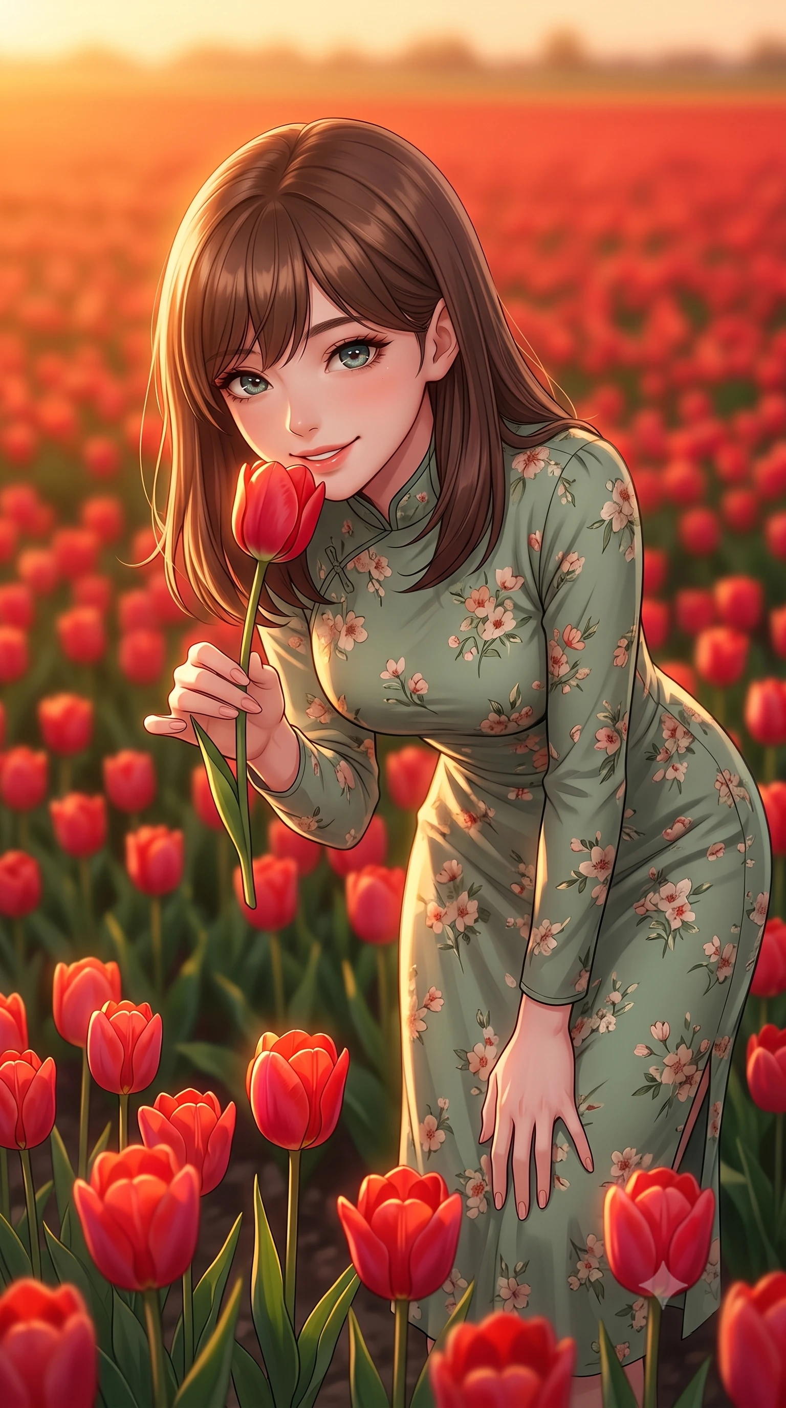 score_9, masterpiece, best quality, ultra-detailed, high-budget anime keyframe, editorial fashion photography, tasteful artistic composition, Korean woman. close-up cowboy shot from the waist and thighs up, the character dominates the composition, filling the frame with her large presence, background elements kept in soft focus. gazing at the camera with a warm, lovely smile and cute, friendly eye contact set against a soft-focus background of in a bright field of red tulips stretching to the horizon bending down to smell a red tulip with a sweet, lovely expression. She has an exceptionally elegant, slender, and willowy female figure with an ultra-slim waist, a gracefully sculpted slender torso, and a refined silhouette. sharp v-shaped jawline, high-bridge nose, intricate jewel-like eyes with depth, thick eyelashes, glossy lips with a natural sheen. wearing slim-fit lovely floral print midi dress in sage green, featuring a high collar and long sleeves. golden hour sunset light casting a warm, romantic orange glow over the field. highly saturated vibrant anime colors, detailed shading with soft gradients, rich glossy textures, high-contrast stereoscopic depth, volumetric dynamic lighting, master piece, 9:16 ratio