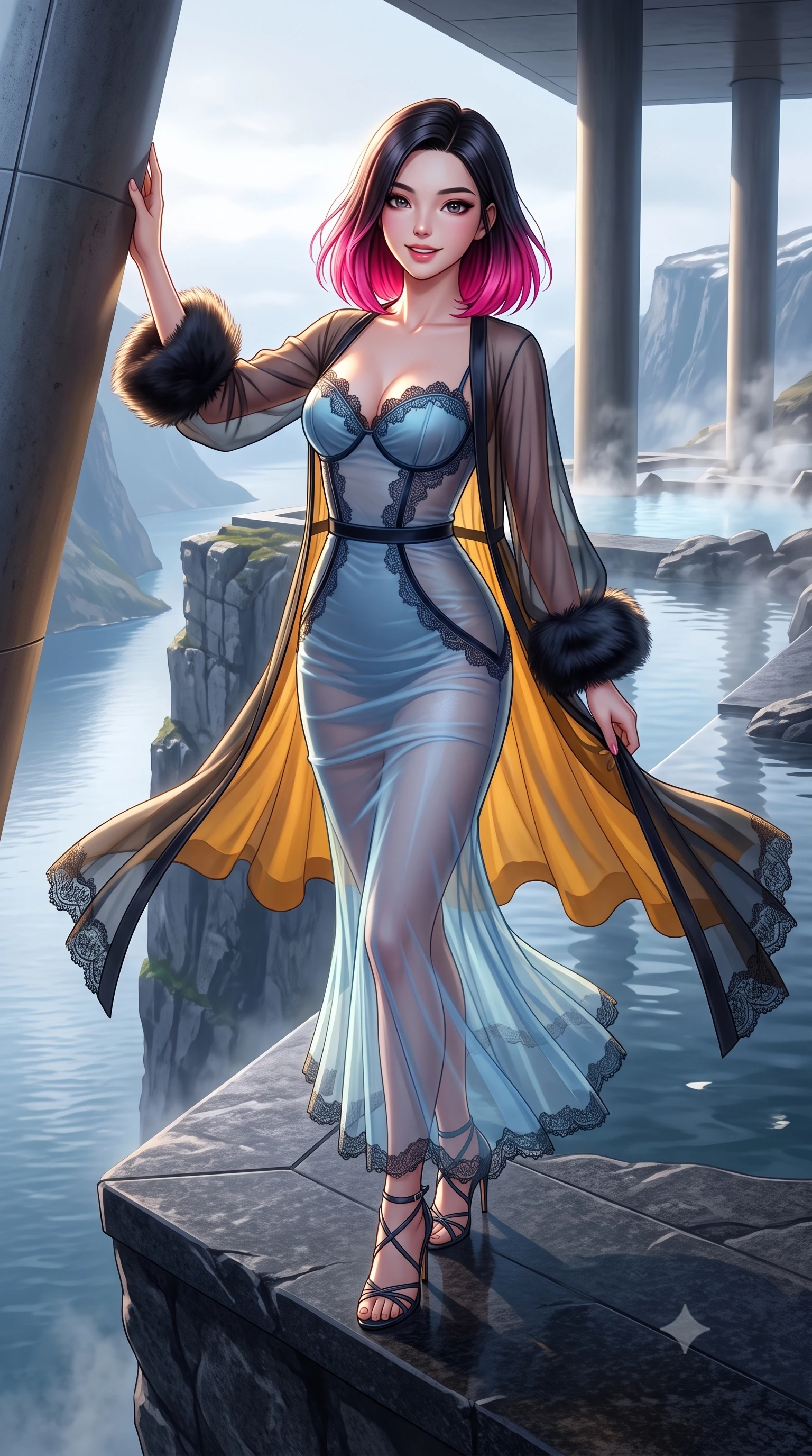 score_9, masterpiece, best quality, ultra-detailed, high-budget anime keyframe, semi-realistic 3D game render, editorial fashion photography, tasteful artistic composition, Korean woman. low angle full-body shot from head to toe showing her feet, filling the entire 9:16 vertical frame with her statuesque presence, stretching her vertical silhouette. standing tall beside the architectural column, one hand resting high while arching her lower back to emphasize her sculpted feminine hips and slender waist while standing poised at the edge of the dark granite infinity edge jutting over the sheer fjord cliff, arching her back with high-fashion ease. The surrounding environment is rendered in vivid detail and crisp panoramic clarity: detailed translucent cashmere-gauze boudoir robe with faux-fur cuffs, strappy lace bralette cling, and alpine engineering in razor-sharp precision. She has an exceptionally tall and slender model-like 8.5-heads proportion, an ultra-slim waist, a flat toned midriff, narrow delicate ribcage, and beautifully sculpted feminine hips creating a graceful, slim hourglass silhouette without any bulky heaviness, with impossibly long slender legs. sharp v-shaped jawline, high-bridge nose, intricate jewel-like sparkling eyes with depth, thick eyelashes, glossy parted lips with a natural peach sheen, bright cheerful beaming smile with an enchanting and coquettish sensual glint, exuding both youthful cute charm and seductive allure, flawlessly proportioned anatomical accuracy, strict slender model proportions, natural body alignment, perfectly sculpted long slender limbs, ultra-slim waistline, clean dynamic posture without body distortion. wearing a provocative semi-sheer icy blue tulle cocktail dress with velvet ribbon piping contouring her narrow waist and hips in Hakone steaming sulfur amber and volcanic basalt black, made of fluid liquid jersey with seamless sculpting hold and smooth contours, finished with scalloped eyelash lace trim framing her sweetheart neckline with intimate elegance, the glove-like clinging cut tightly following the natural contour of her hips and long slender legs with youthful 8.5-heads elegance. illuminated by still water mirror bounce and sharp platinum-gold rim lights sculpting her features, flat midriff, and slender waist. highly saturated vibrant anime colors, detailed shading with soft gradients, rich glossy textures, high-contrast stereoscopic depth, volumetric dynamic lighting, master piece, 9:16 ratio