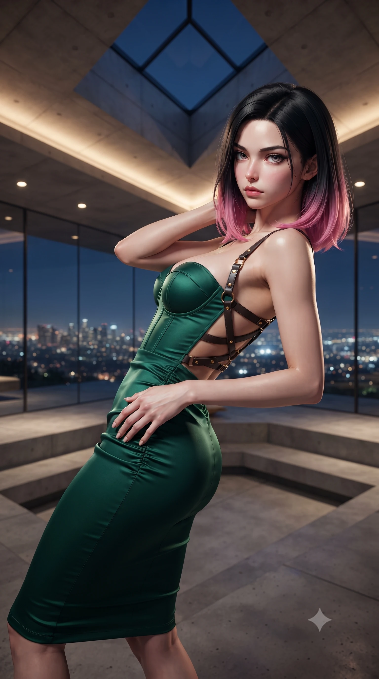 score_9, masterpiece, best quality, ultra-detailed, high-budget anime keyframe, editorial fashion photography, tasteful artistic composition, Korean woman. close-up cowboy shot from the waist and thighs up, the character dominates the composition, filling the frame with her large presence. arching her spine backward with effortless dancer poise, one hand sliding along her hip line as directional light carves specular highlights along her silhouette while lounging in the iconic angular concrete sunken living room, arching her back as the glittering Los Angeles city lights spread endlessly beyond frameless glass. The composition keeps background elements in soft focus with creamy bokeh. triangular skylight glass lenses and modernist architectural concrete beams softened in cinematic Hollywood shallow focus. She has an exceptionally elegant, slender, and willowy female figure with an ultra-slim waist, flat toned midriff, narrow ribcage, and sculpted feminine hips creating an alluring, slim hourglass silhouette without bulk. sharp v-shaped jawline, high-bridge nose, intricate jewel-like eyes with depth, thick eyelashes, glossy parted lips with a natural sheen, intensely captivating and seductive bedroom-eyes expression, flawlessly proportioned anatomical accuracy, strict slender model proportions, natural body alignment, perfectly sculpted long slender limbs, ultra-slim waistline, clean dynamic posture without body distortion. wearing an ultra-fitted strapless bustier midi dress with side hip ruching and exposed spine in deep emerald green satin and gold hardware, made of fluid silk crepe with delicate inner corsetry boning, featuring an open-back criss-cross harness strap in dark leather, the form-contouring material adhering flawlessly to her sculpted flat midriff and slender torso, emphasizing her long leg lines and perfectly proportioned willowy build. bathed in warm recessed architectural cove lighting contrasting with cool blue night city ambient skylight. ultra-reflective glossy finish, specular highlights, rich textural contrasts, high-contrast stereoscopic depth, volumetric dynamic lighting, 2k, ultra detail, master piece, 9:16 ratio