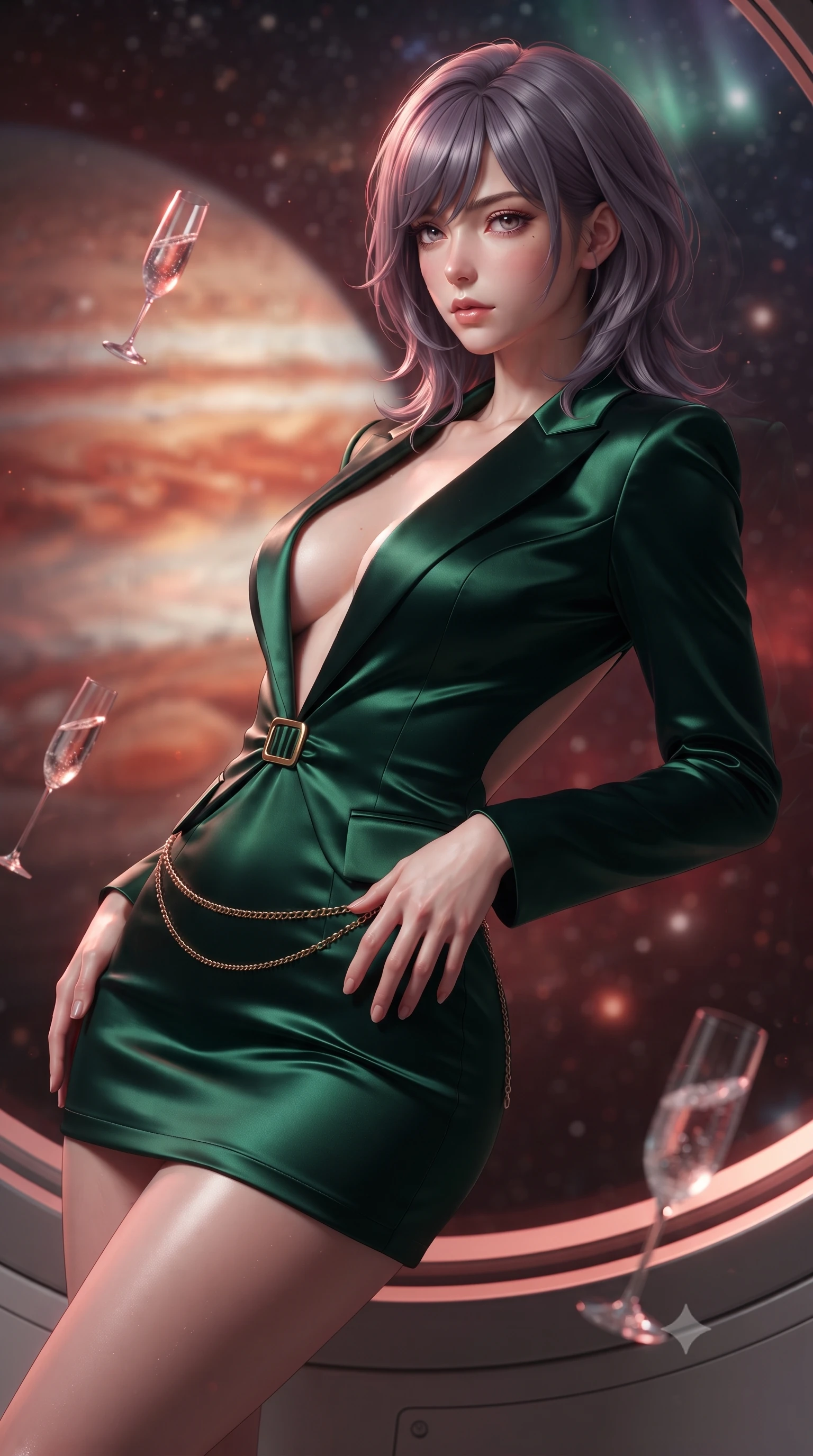 score_9, masterpiece, best quality, ultra-detailed, high-budget anime keyframe, editorial fashion photography, tasteful artistic composition, Japanese woman. close-up cowboy shot from the waist and thighs up, the character dominates the composition, filling the frame with her large presence. arching her spine backward with effortless dancer poise, one hand sliding along her hip line as directional light carves specular highlights along her silhouette while leaning back against the quartz-glass observation bulkhead with hips cocked, casting an alluring, sovereign bedroom-gaze past floating zero-gravity crystal flutes. The composition keeps background elements in soft focus with creamy bokeh. swirling crimson and amber cloud bands of Jupiter and shimmering polar auroras blurred into deep ruby, copper, and starlight bokeh. She has an exceptionally elegant, slender, and willowy female figure with an ultra-slim waist, flat toned midriff, narrow ribcage, and sculpted feminine hips creating an alluring, slim hourglass silhouette without bulk. sharp v-shaped jawline, high-bridge nose, intricate jewel-like eyes with depth, thick eyelashes, glossy parted lips with a natural sheen, intensely captivating and seductive bedroom-eyes expression, flawlessly proportioned anatomical accuracy, strict slender model proportions, natural body alignment, perfectly sculpted long slender limbs, ultra-slim waistline, clean dynamic posture without body distortion. wearing a tailored velvet tuxedo jacket dress with satin lapels, worn with a deep plunge neckline and gold hip buckle in deep emerald green satin and gold hardware, tailored from liquid silk jersey adhering flawlessly to her slender build, accented with a delicate gold chain belt resting loosely on her curvy hips, the precision-cut side openings and low-back scoop framing her graceful spine and the sensual sweep of her slim, toned hips. bathed in dramatic warm crimson and copper planetary storm glow contrasting with cool cosmic starlight ambient fill. ultra-reflective glossy finish, specular highlights, rich textural contrasts, high-contrast stereoscopic depth, volumetric dynamic lighting, 2k, ultra detail, master piece, 9:16 ratio