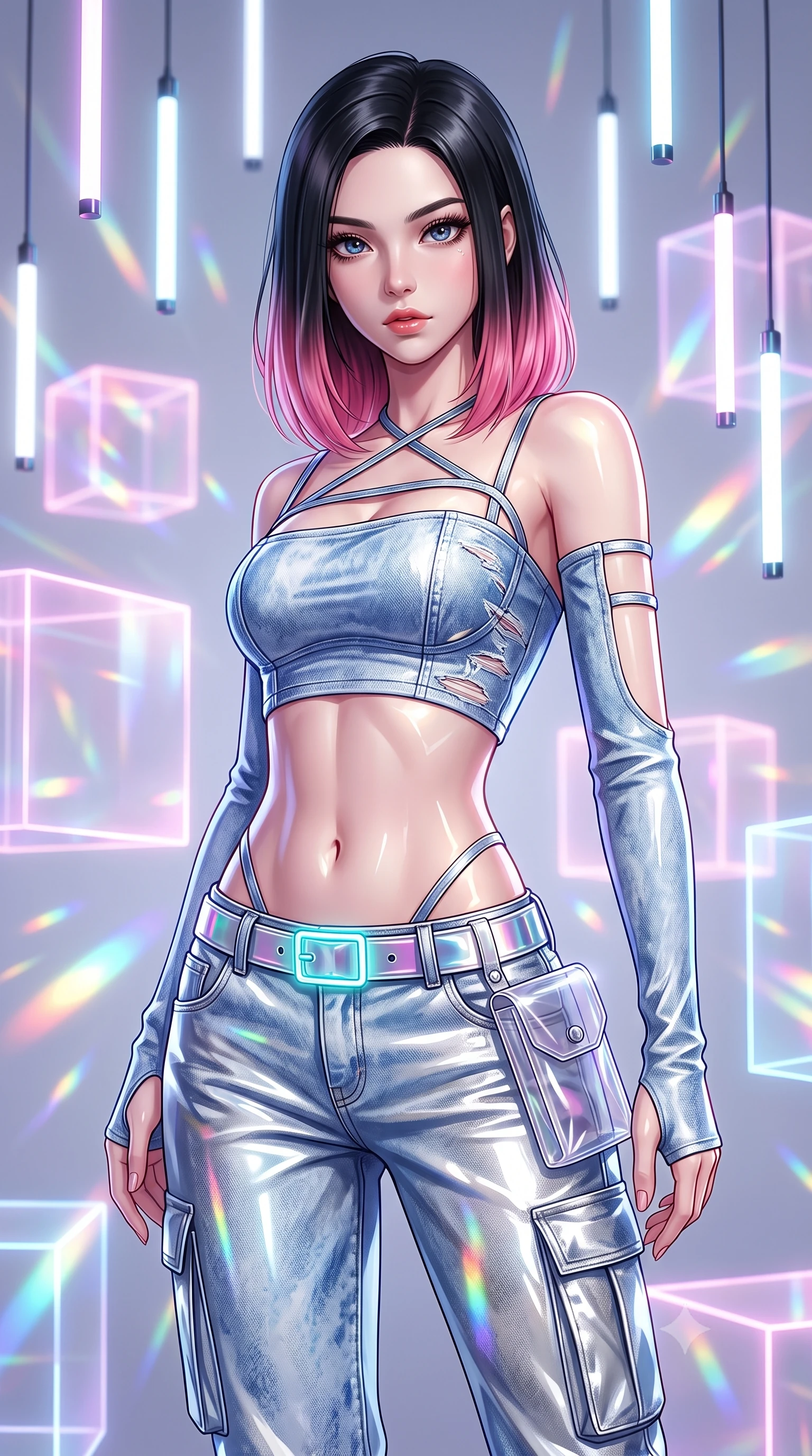score_9, masterpiece, best quality, ultra-detailed, high-budget anime keyframe, semi-realistic 3D game render, editorial fashion photography, tasteful artistic composition, Korean woman. close-up cowboy shot from the waist and thighs up, the character dominates the composition, filling the frame with her large presence. radiating intense magnetic charisma with jewel-like eyes locked onto the viewer, her upper body turning in a dynamic, fluid S-curve while posing inside an avant-garde digital art gallery surrounded by glowing translucent acrylic cubes and suspended LED tubes. The composition keeps background elements in soft focus with creamy bokeh. refracted light beams and internal acrylic reflections scattering radiant chromatic light motes. She has an exceptionally elegant, slender, and willowy female figure with an ultra-slim waist, a gracefully sculpted slender torso, toned flat midriff, and a refined slim silhouette. sharp v-shaped jawline, high-bridge nose, intricate jewel-like eyes with depth, thick eyelashes, glossy lips with a natural sheen, captivating and magnetic expression, flawlessly proportioned anatomical accuracy, strict slender model proportions, natural body alignment, perfectly sculpted long slender limbs, ultra-slim waistline, clean dynamic posture without body distortion. wearing a strappy cybernetic tube top with detached arm sleeves and low-rise metallic cargo trousers in acid-wash light denim blue and silver chrome, tailored from distressed structured cotton denim with metallic thread, complemented by a neon LED belt buckle and translucent vinyl holster, the breezy yet form-flattering drape swaying gracefully with her steps, accentuating her long willowy limbs and slim waistline. illuminated by clean geometric specular highlights tracing her sculpted torso and legs. highly saturated vibrant anime colors, detailed shading with soft gradients, rich glossy textures, high-contrast stereoscopic depth, volumetric dynamic lighting, master piece, 9:16 ratio