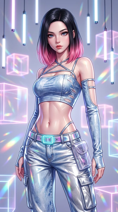 score_9, masterpiece, best quality, ultra-detailed, high-budget anime keyframe, semi-realistic 3D game render, editorial fashion photography, tasteful artistic composition, Korean woman. close-up cowboy shot from the waist and thighs up, the characte