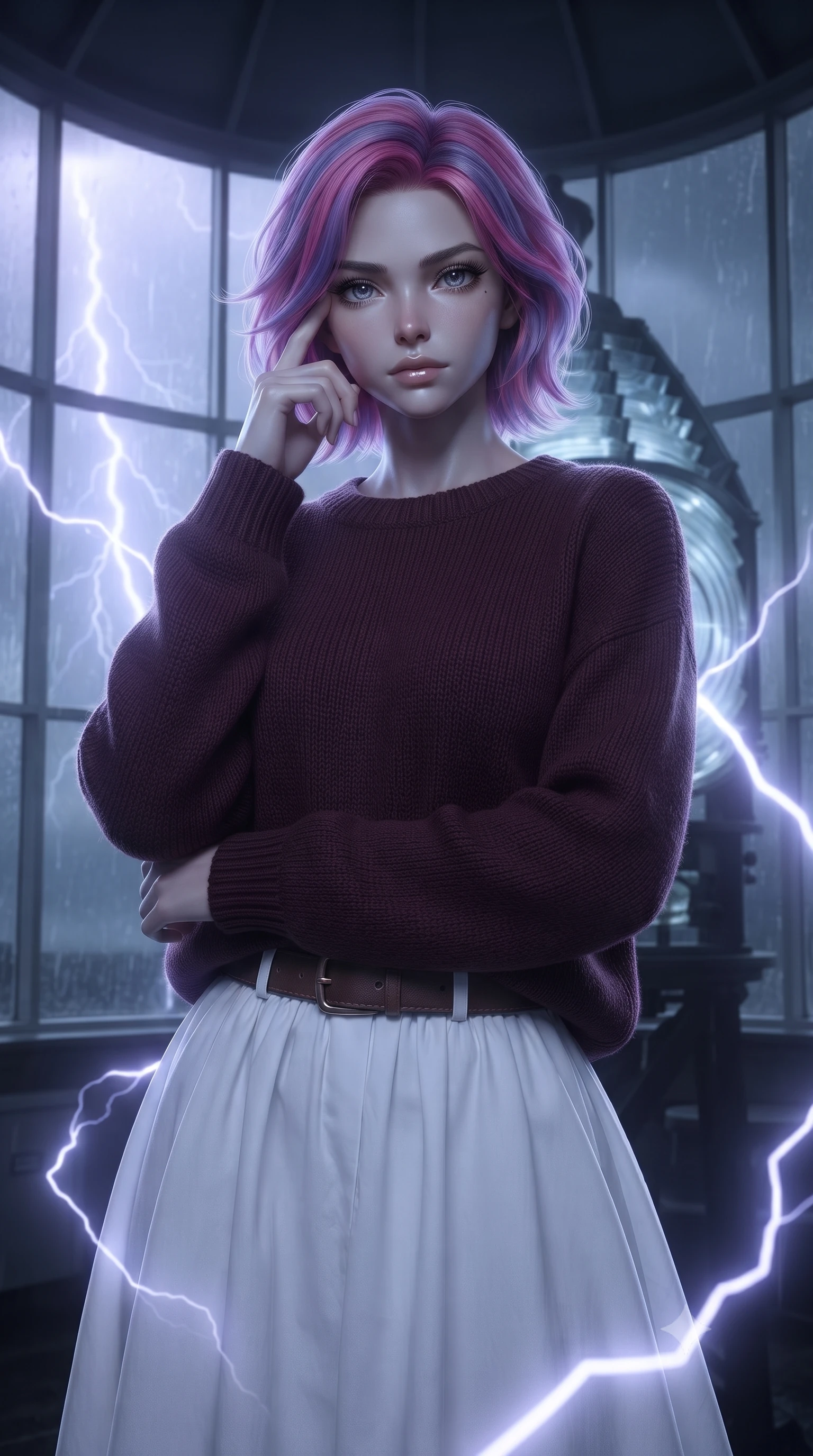 score_9, masterpiece, best quality, ultra-detailed, high-budget anime keyframe, editorial fashion photography, tasteful artistic composition, Caucasian woman, strictly human ears. close-up cowboy shot from the waist and thighs up, the character dominates the composition, filling the frame with her large presence, background elements kept in soft focus. Pressing two fingers to her temple in a composed thoughtful gesture. set against a soft-focus background of inside the glass lantern room at the top of a lighthouse during a fierce storm with the massive Fresnel lens rotating slowly rain streaming down every glass panel and lightning illuminating churning seas below. She has an exceptionally elegant and slender, willowy female figure with an ultra-slim waist, a gracefully sculpted slender torso, and a refined slim physique. sharp v-shaped jawline, high-bridge nose, intricate jewel-like eyes with depth, thick eyelashes, glossy lips with a natural sheen. wearing a dark burgundy knit sweater with a relaxed fit, paired with a white cotton poplin skirt and a leather belt. cool ethereal blue-violet bioluminescent glow wrapping around her from all sides. 2k, ultra detail, master piece, 9:16 ratio