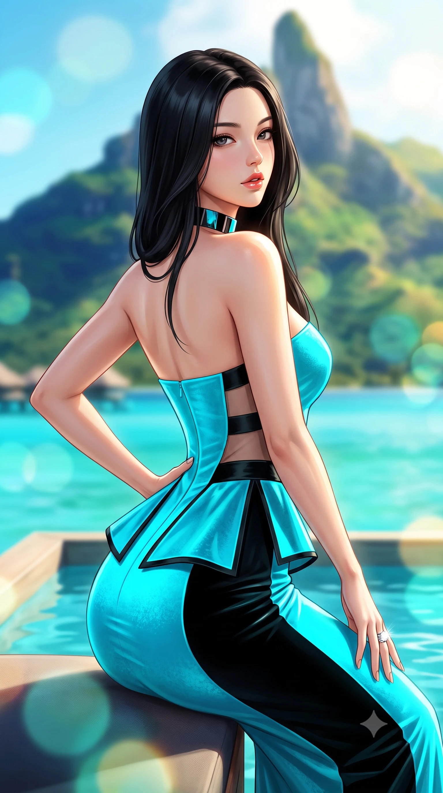 score_9, masterpiece, best quality, ultra-detailed, high-budget anime keyframe, semi-realistic 3D game render, editorial fashion photography, tasteful artistic composition, Korean woman. close-up cowboy shot from the waist and thighs up, the character dominates the composition, filling the frame with her large presence. posing in an alluring rear three-quarter angle, arching her lower back in a pronounced S-curve with one hand on her hip, glancing seductively over her bare shoulder with parted glossy lips while sitting on the edge of a sunken overwater lounge, arching her lower back as emerald Mount Otemanu towers across the crystal turquoise lagoon. The composition keeps background elements in soft focus with creamy bokeh. dramatic volcanic jagged spires of Mount Otemanu and multi-hued turquoise lagoon waters blurred into aquamarine, jade, and golden bokeh. She has an exceptionally elegant, slender, and willowy female figure with an ultra-slim waist, flat toned midriff, narrow ribcage, and sculpted feminine hips creating an alluring, slim hourglass silhouette without bulk. sharp v-shaped jawline, high-bridge nose, intricate jewel-like eyes with depth, thick eyelashes, glossy parted lips with a natural sheen, intensely captivating and seductive bedroom-eyes expression, flawlessly proportioned anatomical accuracy, strict slender model proportions, natural body alignment, perfectly sculpted long slender limbs, ultra-slim waistline, clean dynamic posture without body distortion. wearing a structural geometric peplum gown with sheer side-ribbon cutouts and form-fitting skirt in neon electric cyan and lacquer black, crafted from heavyweight crushed silk velvet with liquid vintage luster, complemented by a bold geometric choker and sparkling cocktail ring, the second-skin form-contouring cut accentuating her sculpted flat midriff, narrow delicate ribcage, and gracefully curvy hips with supermodel precision. bathed in brilliant South Pacific golden afternoon sunlight and vibrant turquoise water bounce fill. highly saturated vibrant anime colors, detailed shading with soft gradients, rich glossy textures, high-contrast stereoscopic depth, volumetric dynamic lighting, master piece, 9:16 ratio