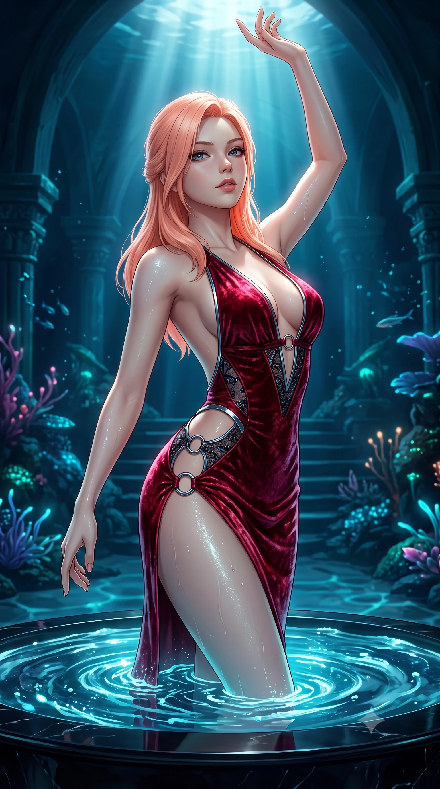 score_9, masterpiece, best quality, ultra-detailed, high-budget anime keyframe, semi-realistic 3D game render, editorial fashion photography, tasteful artistic composition, Japanese woman. close-up cowboy shot from the waist and thighs up, the character dominates the composition, filling the frame with her large presence. extending one arm gracefully toward the light while her torso arches in a sleek, alluring curve with magnetic intensity while rising with sovereign elegance from a pool of bioluminescent sea water on a polished obsidian pedestal. The surrounding environment is rendered in vivid detail and crisp panoramic clarity. deep subterranean oceanic chiaroscuro and detailed underwater architecture rendered with environmental precision. She has an exceptionally elegant, slender, and willowy female figure with an ultra-slim waist, a gracefully sculpted slender torso, and a refined silhouette. sharp v-shaped jawline, high-bridge nose, intricate jewel-like eyes with depth, thick eyelashes, glossy lips with a natural sheen, flawlessly proportioned anatomical accuracy, natural body alignment, perfectly sculpted elegant limbs, clean dynamic posture without body distortion. wearing a backless crushed velvet gown with a deep V-neckline, strategic hip cutouts, and an ultra-high thigh slit in deep ruby red and polished chrome accents, crafted from delicate dark lace interwoven with luminescent micro-fibers, detailed with polished silver rings connecting the daring side-waist cutouts, the sleek aerodynamic cut emphasizing her magnetic presence and alluring physical grace. surrounded by a mysterious, hypnotic, and breathtakingly sensual deep-sea sanctuary ambiance. highly saturated vibrant anime colors, detailed shading with soft gradients, rich glossy textures, high-contrast stereoscopic depth, volumetric dynamic lighting, master piece, 9:16 ratio