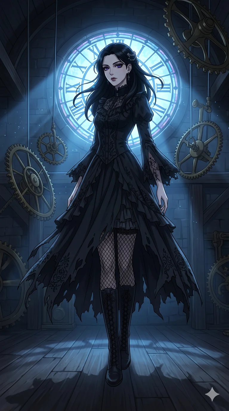 score_9, masterpiece, best quality, ultra-detailed, high-budget anime keyframe, an incredibly beautiful Caucasian woman (strictly human ears). Full-body shot stretching the vertical silhouette, dominating the 9:16 frame. She is a gothic wraith haunting a Victorian clocktower with floating gears. She has an absolutely perfect 8-heads proportion, an exceptionally tall and slender build emphasizing a delicate skinny aesthetic. Her face is a flawless masterpiece with a sharp v-shaped jawline, high-bridge nose, expressive jewel-like eyes, thick eyelashes, and perfectly glossy lips. She is wearing a ragged black lace dress with sensual fishnet stockings. Inside a massive clocktower with moonlight piercing through the glass, cinematic shadows., 2k, ultra detail, master piece, 9:16 ratio