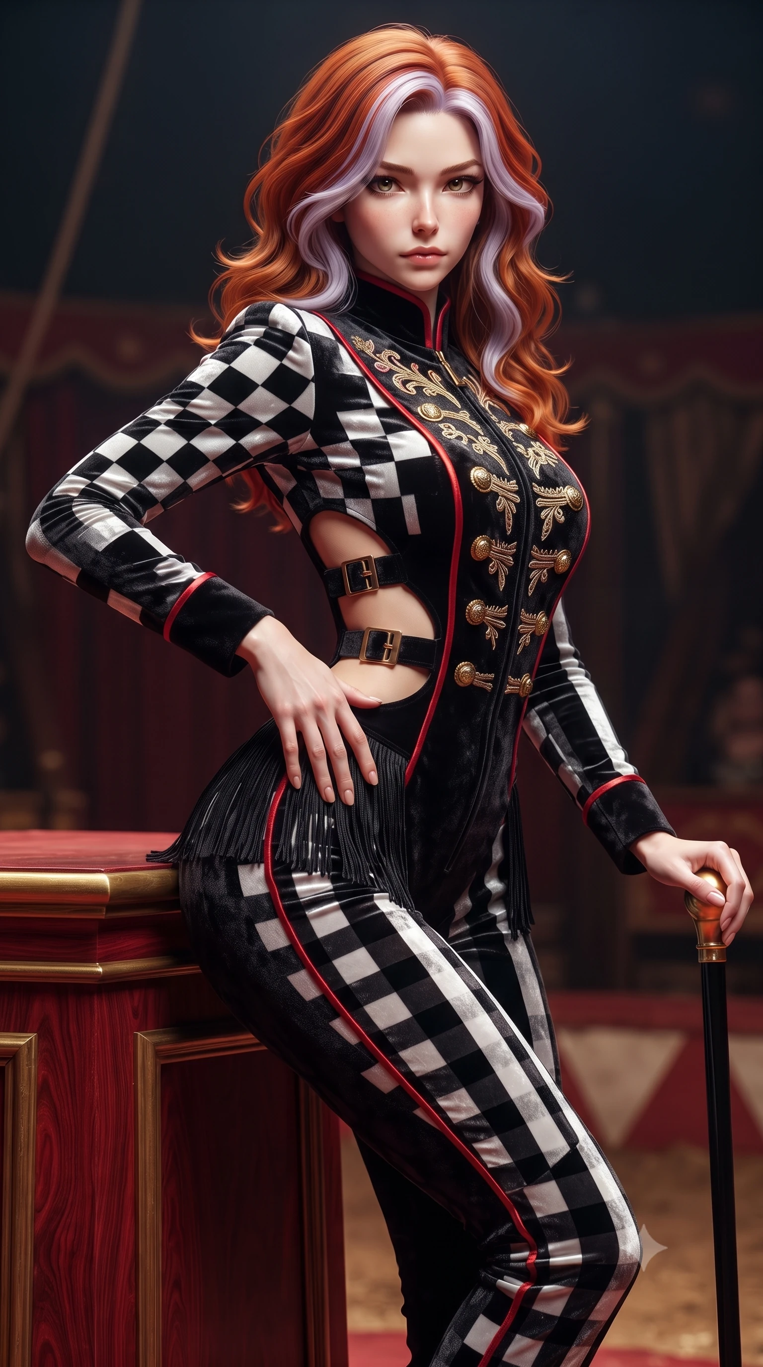 score_9, masterpiece, best quality, ultra-detailed, high-budget anime keyframe, editorial fashion photography, tasteful artistic composition, Caucasian woman. close-up cowboy shot from the waist and thighs up, the character dominates the composition, filling the frame with her large presence. arching her spine backward with effortless dancer poise, one hand sliding along her hip line as directional light carves specular highlights along her silhouette while leaning against a crimson circus ringmaster podium with hips cocked back, holding a gold-tipped cane while locking smoldering eyes with the lens. The surrounding environment is rendered in vivid detail and crisp panoramic clarity. detailed theatrical costume embroidery, brass button sheen, and polished wood grain in high resolution. She has an exceptionally elegant, slender, and willowy female figure with an ultra-slim waist, a gracefully sculpted slender torso, toned flat midriff, and rounded feminine hips creating an alluring hourglass silhouette. sharp v-shaped jawline, high-bridge nose, intricate jewel-like eyes with depth, thick eyelashes, glossy parted lips with a natural sheen, intensely captivating and seductive bedroom-eyes expression, flawlessly proportioned anatomical accuracy, strict slender model proportions, natural body alignment, perfectly sculpted long slender limbs, ultra-slim waistline, clean dynamic posture without body distortion. wearing a high-collar velvet speedsuit featuring bold side cutouts and quick-release brass buckles in high-contrast black and crisp white checkerboard with red accents, crafted from heavyweight crushed silk velvet with liquid luster, finished with tiered silk fringe tassels that flutter with every hip movement, the glove-like aerodynamic silhouette tightly following the natural contour of her hips and long slender legs with statuesque precision. surrounded by an eccentric, spellbinding, and dangerously seductive circus queen aura. ultra-reflective glossy finish, specular highlights, rich textural contrasts, high-contrast stereoscopic depth, volumetric dynamic lighting, 2k, ultra detail, master piece, 9:16 ratio