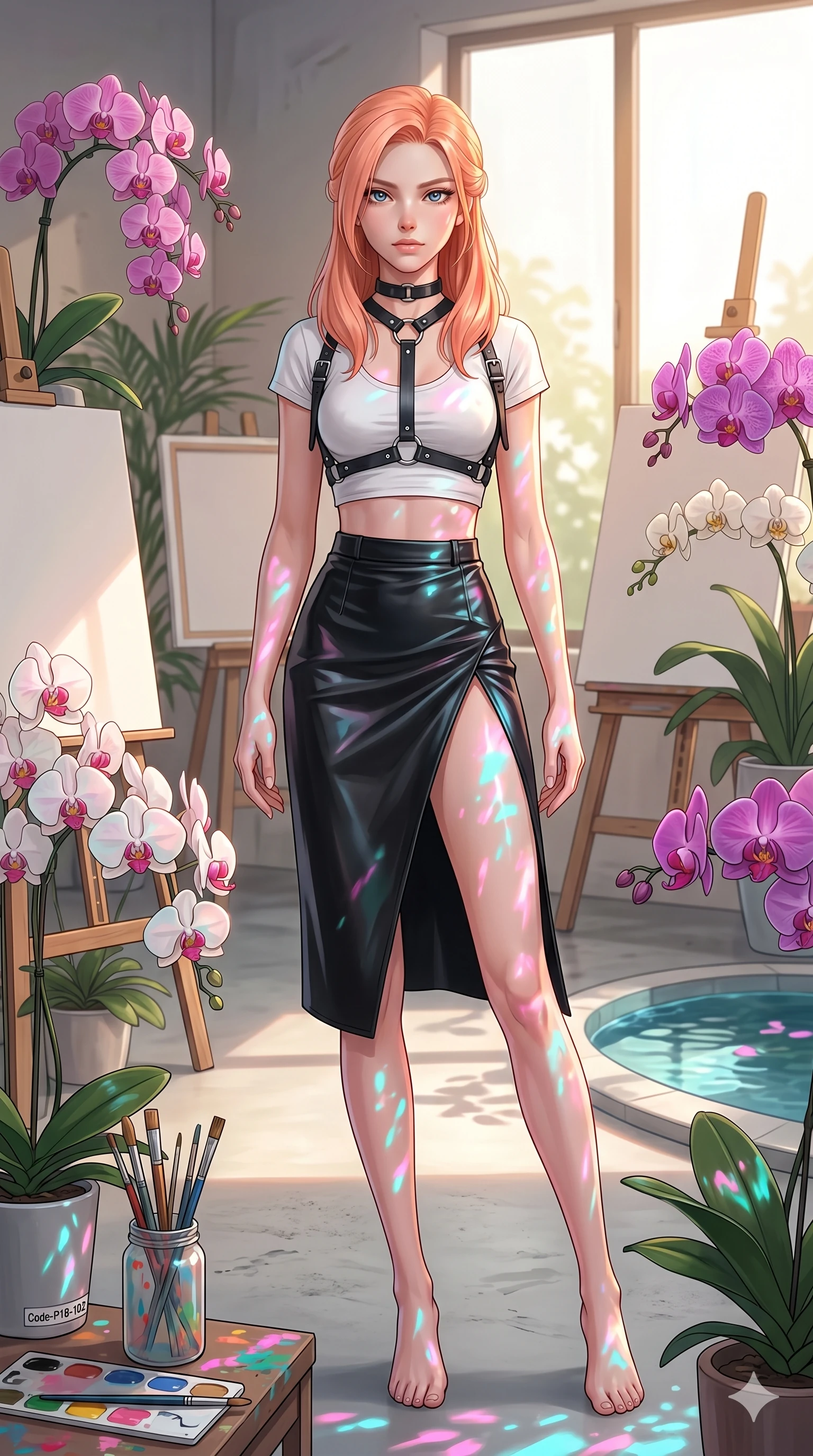 score_9, masterpiece, best quality, ultra-detailed, high-budget anime keyframe, editorial fashion photography, tasteful artistic composition, Japanese woman. cowboy shot from the thighs up, character and outfit filling the frame for maximum editorial presence. standing among tropical orchids, looking at the viewer with an air of superiority inside a quiet, sunlit art studio filled with blank canvases and brushes (Code-P18-102). She has an absolutely perfect 8-heads proportion, an exceptionally tall and slender female figure with impossibly long slender legs and an ultra-slim waist. V-shaped jawline, high-bridge nose, intricate jewel-like eyes with depth, thick eyelashes, glossy lips with a natural sheen. wearing a leather harness over a crop top and high-slit skirt. neon pink and cyan reflections from the pool water casting shimmering light patterns. 2k, ultra detail, master piece, 9:16 ratio
