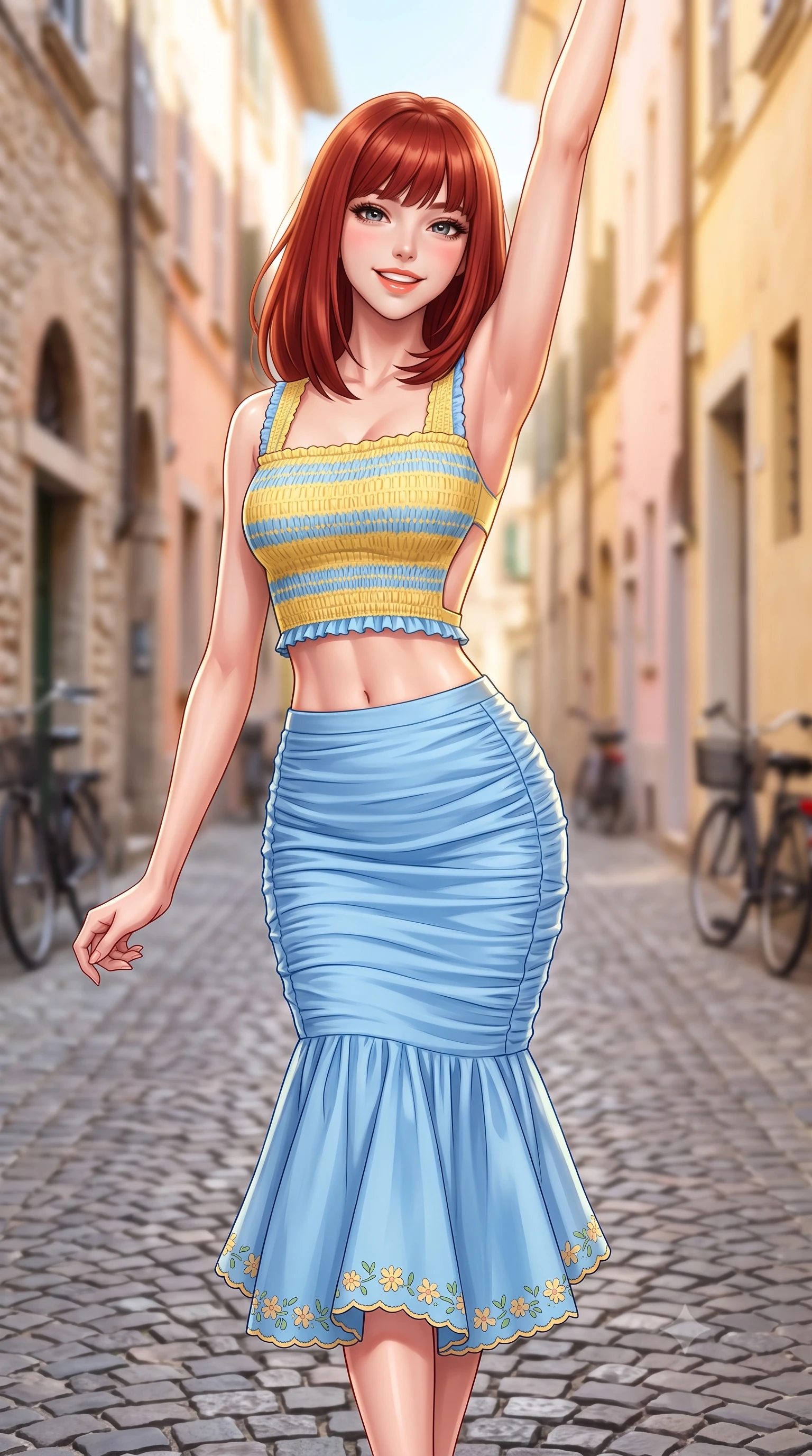 score_9, masterpiece, best quality, ultra-detailed, high-budget anime keyframe, semi-realistic 3D game render, editorial fashion photography, tasteful artistic composition, Caucasian woman. close-up cowboy shot from the waist and thighs up, the character dominates the composition, filling the frame with her large presence. playfully stretching one arm overhead toward the sun, her radiant smile capturing fresh girlhood charm while her arched torso reveals an intoxicating hip contour while striding through the historic alleyway with supermodel poise, her form-fitting dress clinging to her narrow waist and curvy hips. The composition keeps background elements in soft focus with dreamy creamy bokeh. cobblestone alleys and bicycle silhouettes softened in charming Italian shallow focus. She has an exceptionally elegant, slender, and willowy female figure with an ultra-slim waist, flat toned midriff, narrow ribcage, and sculpted feminine hips creating an alluring, slim hourglass silhouette without bulk. sharp v-shaped jawline, high-bridge nose, intricate jewel-like sparkling eyes with depth, thick eyelashes, glossy parted lips with a natural peach sheen, bright cheerful beaming smile with an enchanting and coquettish sensual glint, exuding both youthful cute charm and seductive allure, flawlessly proportioned anatomical accuracy, strict slender model proportions, natural body alignment, perfectly sculpted long slender limbs, ultra-slim waistline, clean dynamic posture without body distortion. wearing a fitted square-neck smocked crop top paired with a curve-hugging ruched mermaid midi skirt in sunny daffodil yellow and clear sky blue, tailored from crisp cotton poplin with clean structural lines, complemented by delicate embroidered floral trim along the hem, the precision-cut side openings and low-back scoop framing her graceful spine and the sensual sweep of her slim, toned hips. bathed in warm golden afternoon Italian sunlight reflecting off pastel building facades. highly saturated vibrant anime colors, detailed shading with soft gradients, rich glossy textures, high-contrast stereoscopic depth, volumetric dynamic lighting, master piece, 9:16 ratio