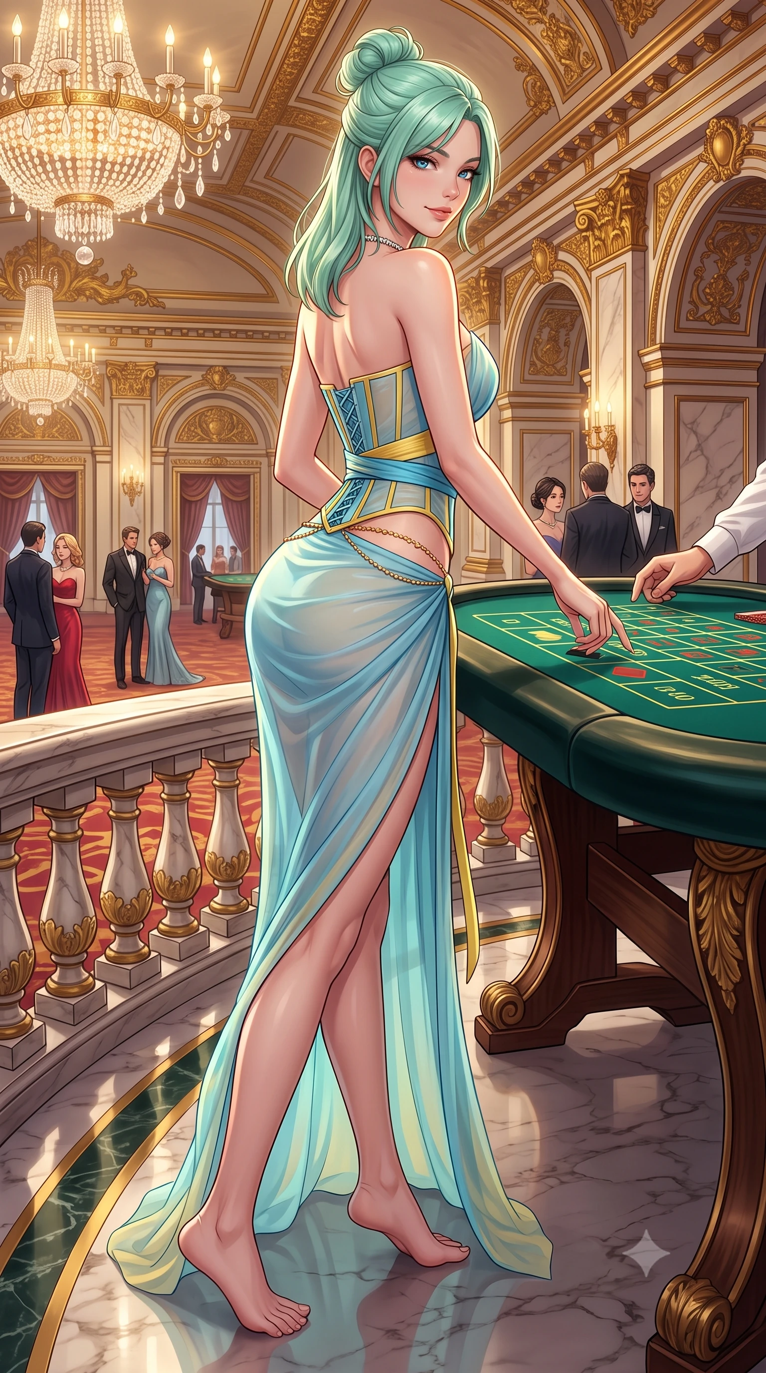 score_9, masterpiece, best quality, ultra-detailed, high-budget anime keyframe, semi-realistic 3D game render, editorial fashion photography, tasteful artistic composition, Japanese woman. low angle full-body shot from head to toe showing her feet, filling the entire 9:16 vertical frame with her statuesque presence, stretching her vertical silhouette. walking along the terrace with poise, looking back over her bare shoulder with an irresistible smoldering bedroom-gaze while leaning forward over the emerald velvet baccarat table while arching her lower back to accentuate her curvy hips, looking at the dealer with smoldering bedroom-eyes. The surrounding environment is rendered in vivid detail and crisp panoramic clarity: detailed strapless boned corset gown weave, diamond riviere necklace sparkle, and Belle Époque palace interiors in razor-sharp precision. She has an absolutely perfect, statuesque 8.5-heads proportion, an exceptionally tall and slender model-like female figure with impossibly long slender legs, an ultra-slim waist, a flat toned midriff, narrow delicate ribcage, and beautifully sculpted feminine hips creating a graceful, slim hourglass silhouette without any bulky heaviness. sharp v-shaped jawline, high-bridge nose, sparkling eyes with hypnotic seductive depth, thick curled eyelashes, glossy parted lips with a natural dewy peach sheen, alluring bedroom-eyes with an enchanting coquettish smile, exuding magnetic siren charisma and sophisticated glamour, flawlessly proportioned anatomical accuracy, strict slender model proportions, natural body alignment, perfectly sculpted long slender limbs, ultra-slim waistline, clean dynamic posture without body distortion. wearing a structured boned satin corset bodice with obi-inspired wrap ribbon cinching her ultra-slim waistline in Amalfi azure blue and sunlit lemon gold, made of sheer gossamer chiffon that drapes softly against skin with airy translucence, accented with a dainty gold belly chain resting across her flat midriff and curving hips, the high-slit wrap tailoring accentuating her ultra-slim waistline and the enchanting curve of her feminine hips with alluring seductive charm. illuminated by mahogany table surface bounce and sharp royal-gold rim lights defining her razor-sharp jawline, narrow waist, and curvy hips. highly saturated vibrant anime colors, detailed shading with soft gradients, rich glossy textures, high-contrast stereoscopic depth, volumetric dynamic lighting, master piece, 9:16 ratio