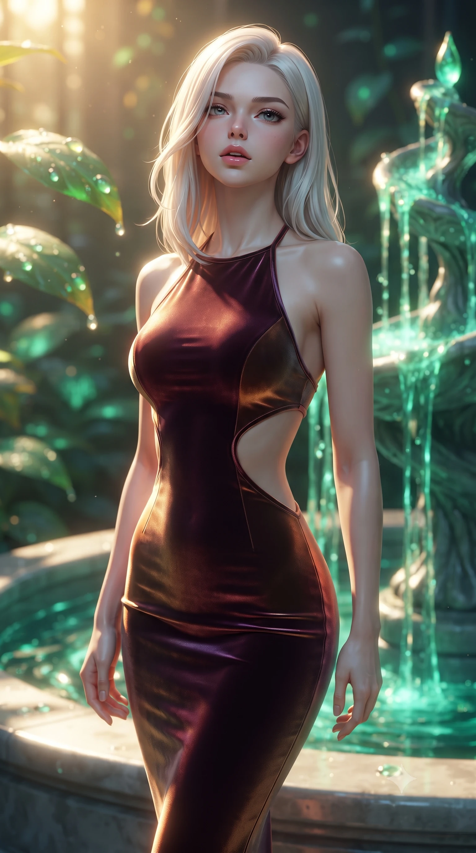 score_9, masterpiece, best quality, ultra-detailed, high-budget anime keyframe, editorial fashion photography, tasteful artistic composition, Caucasian woman. close-up cowboy shot from the waist and thighs up, the character dominates the composition, filling the frame with her large presence, background elements kept in soft focus. Tilting her chin up slightly with lips parted in a magnetic, composed expression standing by a hydro-flow spiral fountain flowing with bioluminescent emerald sap, dewdrops on bioluminescent leaves reflecting vibrant emerald and gold. She has an exceptionally elegant, slender, and willowy female figure with an ultra-slim waist, a gracefully sculpted slender torso, and a refined silhouette. sharp v-shaped jawline, high-bridge nose, intricate jewel-like eyes with depth, thick eyelashes, glossy lips with a natural sheen. wearing a velvet halter-neck midi dress following her form like a glove in deep burgundy and bronze, formed from sleek second-skin neoprene, featuring clean architectural cutouts along her slender torso, the elegant draped fit framing her graceful clavicle and slender torso. bathed in warm golden sunlight and soft emerald bioluminescent glow. ultra-reflective glossy finish, specular highlights, metallic sheen, high-contrast stereoscopic depth, volumetric dynamic lighting, 2k, ultra detail, master piece, 9:16 ratio