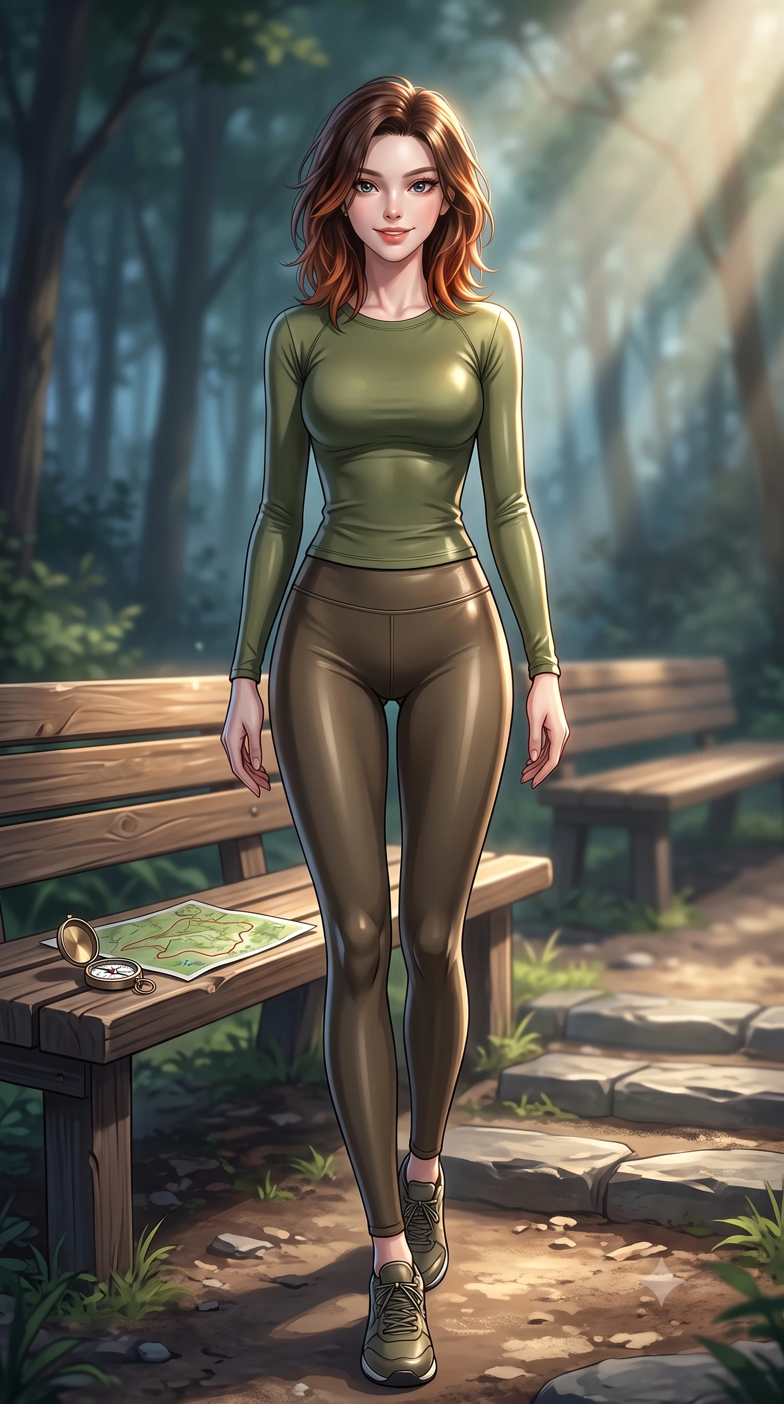 score_9, masterpiece, best quality, ultra-detailed, high-budget anime keyframe, editorial fashion photography, tasteful artistic composition, Korean woman. low angle full-body shot from head to toe showing her feet, filling the entire 9:16 vertical frame with her statuesque presence, stretching her vertical silhouette. stepping forward with an alluring, magnetic smile, her graceful posture highlighting her statuesque silhouette set against a soft-focus background of at a rest area along a scenic valley hiking trail with wooden benches with a small compass and a map of the forest trail on a nearby bench. She has an absolutely perfect, statuesque 8.5-heads proportion, an exceptionally tall and slender model-like female figure with impossibly long slender legs and an ultra-slim waist. sharp v-shaped jawline, high-bridge nose, intricate jewel-like eyes with depth, thick eyelashes, glossy lips with a natural sheen. wearing body-hugging tight-fitting athletic long-sleeve top in olive green, paired with form-contouring leggings. cool forest shadows contrasting with warm shafts of sunbeams. ultra-reflective glossy finish, specular highlights, metallic sheen, high-contrast stereoscopic depth, volumetric dynamic lighting, 2k, ultra detail, master piece, 9:16 ratio