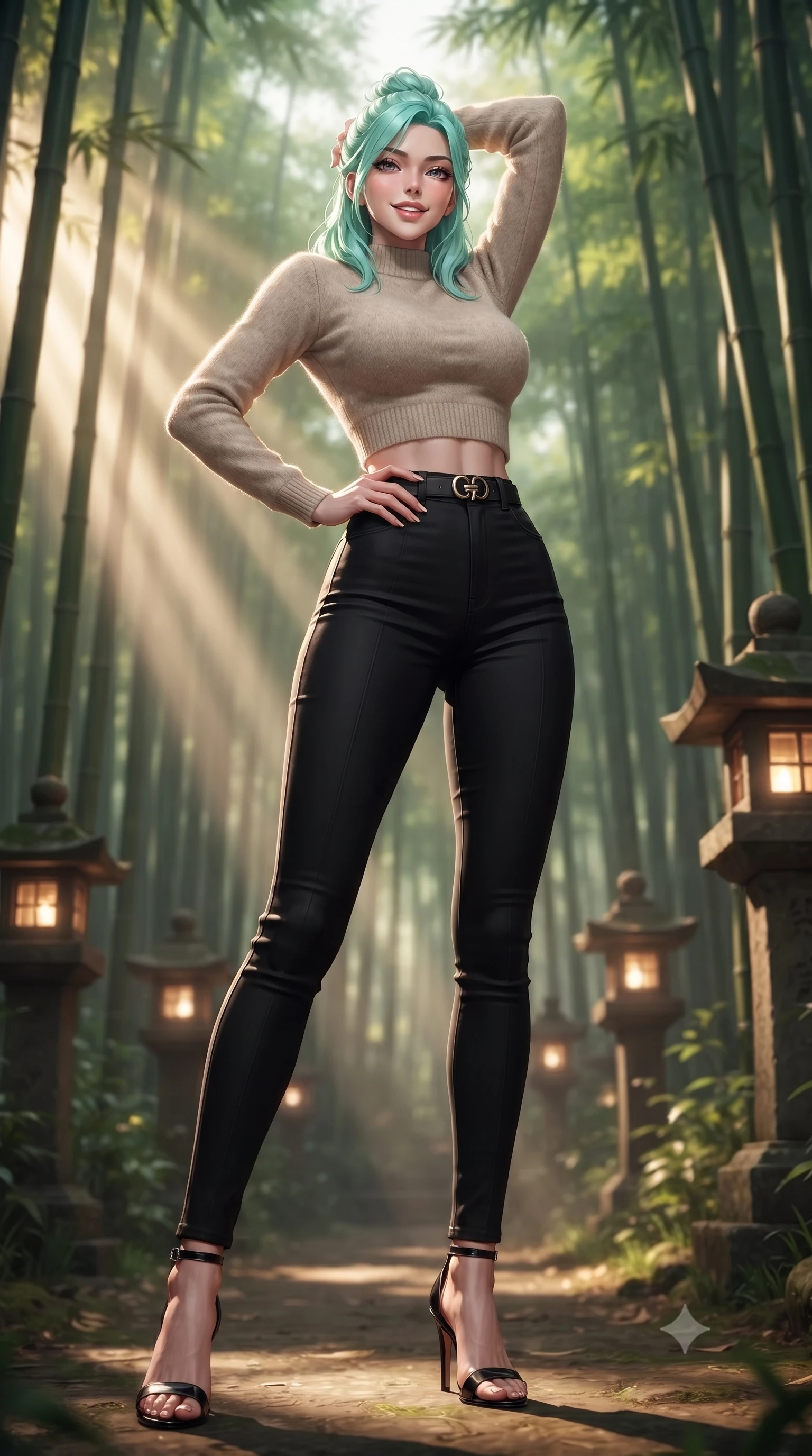 score_9, masterpiece, best quality, ultra-detailed, high-budget anime keyframe, editorial fashion photography, tasteful artistic composition, Japanese woman. low angle full-body shot from head to toe showing her feet, filling the entire 9:16 vertical frame with her statuesque presence, stretching her vertical silhouette. posing confidently with one hand on her hip, stretching her statuesque body to emphasize her curves the background shows a soft-focus a secluded bamboo forest path lit by stone lanterns at dawn. She has an absolutely perfect, statuesque 8.5-heads proportion, an exceptionally tall and slender model-like female figure with impossibly long slender legs and an ultra-slim waist. sharp v-shaped jawline, high-bridge nose, intricate jewel-like eyes with depth, thick eyelashes, glossy lips with a natural sheen. wearing a body-hugging tight-fitting crop sweater in oatmeal wool, paired with high-waisted form-fitting pants. soft morning sunrays slicing through the bamboo stalks, creating volumetric rays. ultra-reflective glossy finish, specular highlights, metallic sheen, high-contrast stereoscopic depth, volumetric dynamic lighting, 2k, ultra detail, master piece, 9:16 ratio