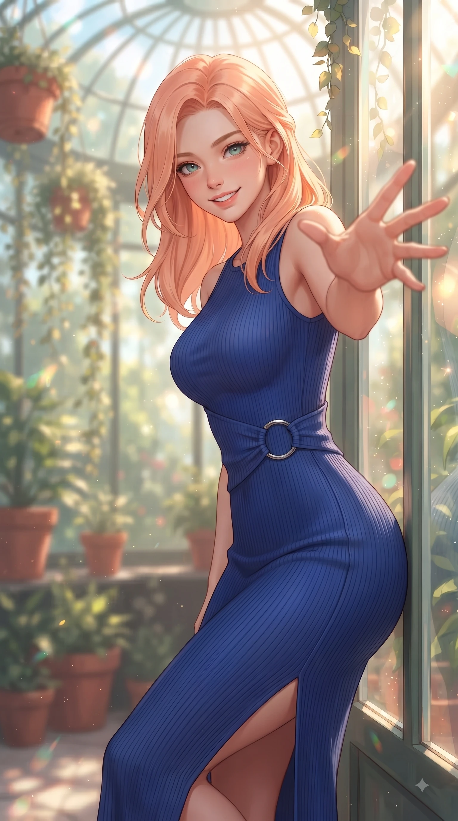 score_9, masterpiece, best quality, ultra-detailed, high-budget anime keyframe, editorial fashion photography, tasteful artistic composition, Japanese woman. close-up cowboy shot from the waist and thighs up, the character dominates the composition, filling the frame with her large presence. Fresh enchanting smile, her eyes twinkling like jewels in the bright sunlight as one arm reaches out cheerfully while leaning against a glass greenhouse wall surrounded by hanging terracotta flower pots. The composition keeps background elements in soft focus with dreamy bokeh. cascading botanical vines and glass dome refractions softened in creamy depth of field. She has an exceptionally elegant, slender, and willowy female figure with an ultra-slim waist, a gracefully sculpted slender torso, and a refined silhouette. sharp v-shaped jawline, high-bridge nose, intricate jewel-like eyes with depth, thick eyelashes, glossy lips with a natural sheen, flawlessly proportioned anatomical accuracy, natural body alignment, perfectly sculpted elegant limbs, clean dynamic posture without body distortion. wearing a form-fitting ribbed knit midi dress with a tasteful side leg slit in deep royal blue and polished silver accent, crafted from lightweight fluid chiffon, accented with subtle metallic ring hardware framing her waist, the form-contouring material highlighting her ultra-slim waist and long lines. bathed in brilliant golden sunlight filtering through conservatory glass panes. ultra-reflective glossy finish, specular highlights, metallic sheen, high-contrast stereoscopic depth, volumetric dynamic lighting, 2k, ultra detail, master piece, 9:16 ratio