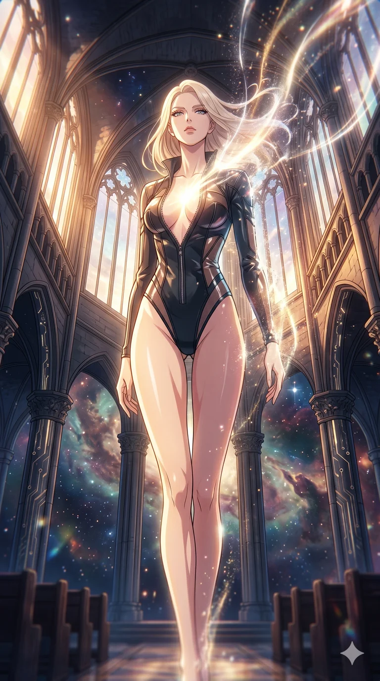 score_9, masterpiece, best quality, ultra-detailed, High-budget Anime Keyframe, vibrant colors, fluid line-art, expressive lighting, cinematic composition, Ufotable-style visual effects, top-tier animation quality, Caucasian woman with pale skin, blonde hair, and (strictly human ears). Dramatic low angle looking up at her majestic stature, dominating the vertical space of the composition. Transcending her physical form in a sudden flash of divine light, her silhouette becoming a being of pure energy. She has an absolutely perfect 8-heads proportion, an exceptionally tall and slender female figure with impossibly long slender legs and an ultra-slim waist, her statuesque height and towering silhouette dominating the vertical 9:16 frame. Her face is a masterpiece featuring a sharp v-shaped jawline, high-bridge nose, intricate jewel-like eyes with depth, thick eyelashes, and glossy lips with a natural sheen. She is wearing a Sci-fi pilot flight suit with an open collar and strategically placed mesh panels crafted from Transparent PVC with a high-gloss finish that reveals the intricate layers beneath, unzipped deeply to reveal a daring glimpse of her chest and a high-cut leg line. The scene is set in a majestic gothic cathedral in deep space with massive windows overlooking a swirling nebula, illuminated by golden hour sunlight that gives her skin a warm, radiant glow. 2k, ultra detail, master piece, 9:16 ratio