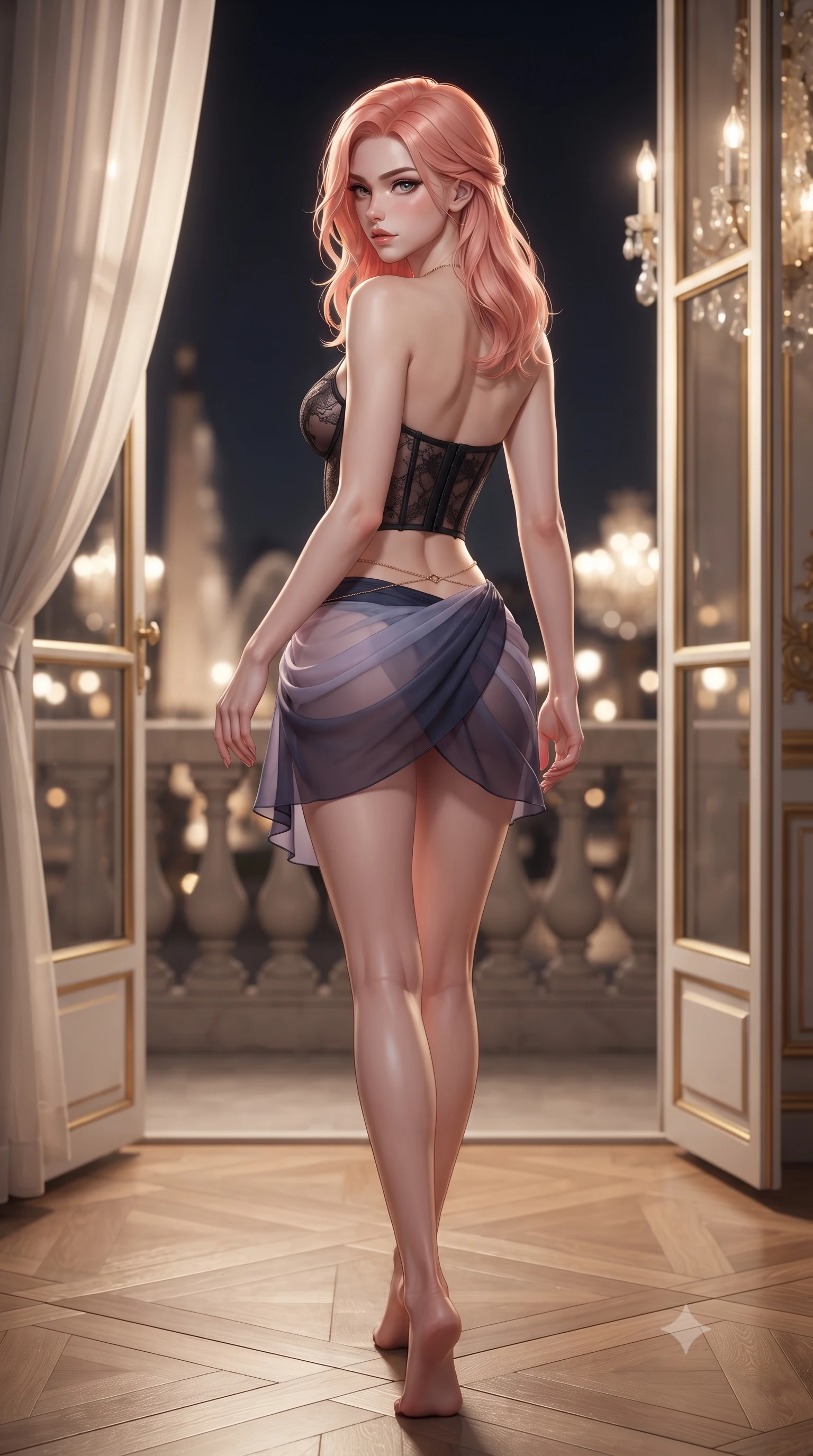 score_9, masterpiece, best quality, ultra-detailed, high-budget anime keyframe, editorial fashion photography, tasteful artistic composition, Japanese woman. low angle full-body shot from head to toe showing her feet, filling the entire 9:16 vertical frame with her statuesque presence, stretching her vertical silhouette. walking along the terrace with poise, looking back over her bare shoulder with an irresistible smoldering bedroom-gaze while twisting her slender torso in an alluring contrapposto stance, crystal chandelier light and sheer ivory curtain shadows tracing her curves. The background shows a soft-focus Place de la Concorde fountains through soaring French windows, gilded boiserie paneling, and crystal chandeliers blurred into champagne, silver, and gold bokeh. She has an absolutely perfect, statuesque 8.5-heads proportion, an exceptionally tall and slender model-like female figure with impossibly long slender legs, an ultra-slim waist, a flat toned midriff, narrow delicate ribcage, and beautifully sculpted feminine hips creating a graceful, slim hourglass silhouette without any bulky heaviness. sharp v-shaped jawline, high-bridge nose, sparkling eyes with hypnotic seductive depth, thick curled eyelashes, glossy parted lips with a natural dewy peach sheen, alluring bedroom-eyes with an enchanting coquettish smile, exuding magnetic siren charisma and sophisticated glamour, flawlessly proportioned anatomical accuracy, strict slender model proportions, natural body alignment, perfectly sculpted long slender limbs, ultra-slim waistline, clean dynamic posture without body distortion. wearing a sculpted underwire demi-bustier in semi-sheer lace paired with an ultra-short draped tulip skirt in twilight lavender and midnight indigo, made of sheer gossamer chiffon that drapes softly against skin with airy translucence, accented with a dainty gold belly chain resting across her flat midriff and curving hips, the precision-cut side openings and low-back scoop framing her graceful spine and the sensual sweep of her slim, toned hips. illuminated by polished parquet bounce and sharp warm-gold rim lights sculpting her razor-sharp jawline, narrow waist, and curvy hips. ultra-reflective glossy finish, specular highlights, rich textural contrasts, high-contrast stereoscopic depth, volumetric dynamic lighting, 2k, ultra detail, master piece, 9:16 ratio