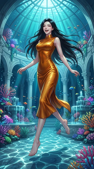 score_9, masterpiece, best quality, ultra-detailed, high-budget anime keyframe, editorial fashion photography, tasteful artistic composition, Korean woman. low angle full-body shot from head to toe showing her feet, filling the entire 9:16 vertical f