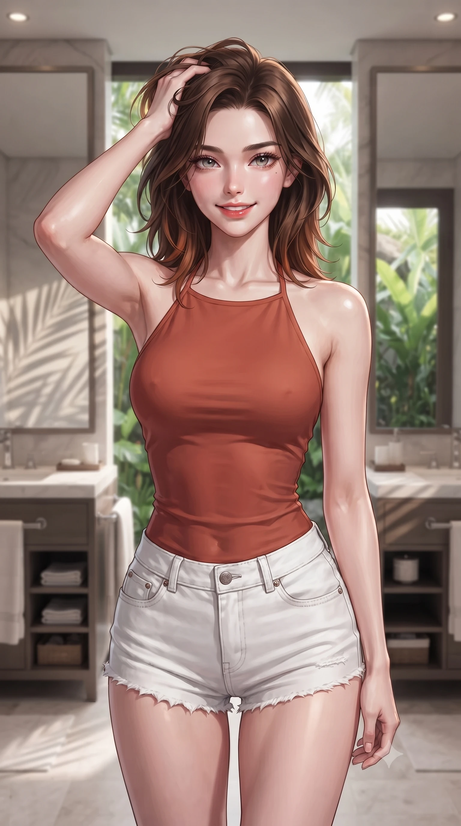 score_9, masterpiece, best quality, ultra-detailed, high-budget anime keyframe, editorial fashion photography, tasteful artistic composition, Korean woman woman. close-up cowboy shot from the waist and thighs up, the character dominates the composition, filling the frame with her large presence, background elements kept in soft focus. smiling with quiet, magnetic self-assurance directly into the camera, running a hand through her hair the background shows a soft-focus a resort bathroom with double vanities, large mirrors, and view of tropical garden. She has an exceptionally elegant, slender, and willowy female figure with an ultra-slim waist, a gracefully sculpted slender torso, and a refined silhouette. sharp v-shaped jawline, high-bridge nose, intricate jewel-like eyes with depth, thick eyelashes, glossy lips with a natural sheen. wearing a slim-fit backless halter top in terracotta red, paired with white denim micro-shorts. soft morning sunrays casting elegant shadows of palm leaves across the mirrors. ultra-reflective glossy finish, specular highlights, metallic sheen, high-contrast stereoscopic depth, volumetric dynamic lighting, 2k, ultra detail, master piece, 9:16 ratio