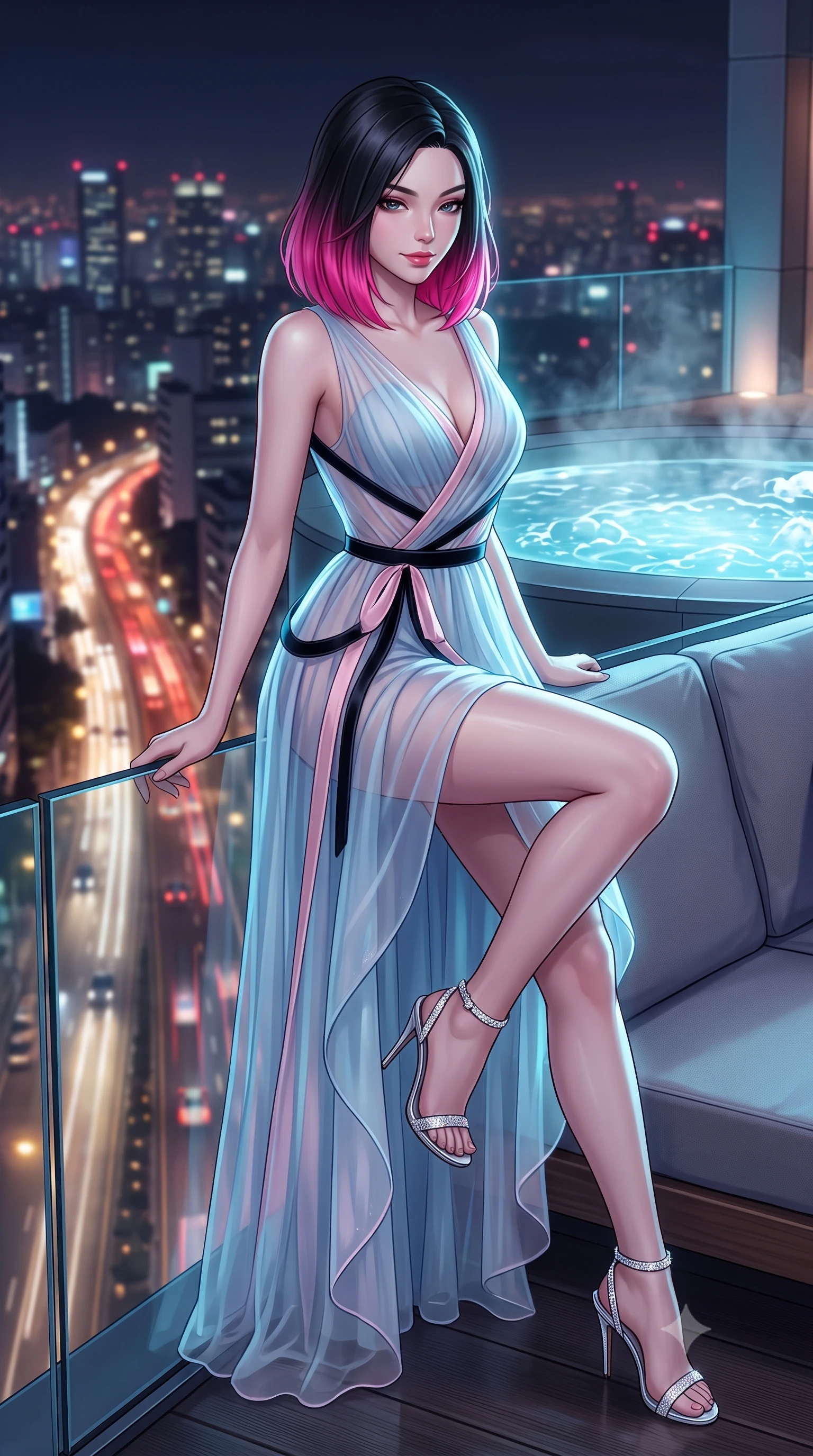 score_9, masterpiece, best quality, ultra-detailed, high-budget anime keyframe, semi-realistic 3D game render, editorial fashion photography, tasteful artistic composition, Korean woman. close-up cowboy shot from the waist and thighs up, the character dominates the composition, filling the frame with her large presence. perched sideways on the lounge seat, one knee drawn up to showcase her slender leg line while her arched back accentuates her feminine hip curve while leaning against the frameless glass railing with hips cocked back, looking down at illuminated traffic ribbons with heavy-lidded bedroom-eyes. The background shows a soft-focus bubbling hydrotherapy jets softened in high-tech urban spa shallow focus. She has an exceptionally elegant, slender, and willowy female figure with an ultra-slim waist, flat toned midriff, narrow ribcage, and sculpted feminine hips creating an alluring, slim hourglass silhouette without bulk. sharp v-shaped jawline, high-bridge nose, intricate jewel-like sparkling eyes with depth, thick eyelashes, glossy parted lips with a natural peach sheen, bright cheerful beaming smile with an enchanting and coquettish sensual glint, exuding both youthful cute charm and seductive allure, flawlessly proportioned anatomical accuracy, strict slender model proportions, natural body alignment, perfectly sculpted long slender limbs, ultra-slim waistline, clean dynamic posture without body distortion. wearing a provocative semi-sheer icy blue tulle cocktail dress with velvet ribbon piping contouring her narrow waist and hips in Kyoto moonlit sakura blush and polished urushi black, made of sheer gossamer chiffon that drapes softly against skin with airy translucence, complemented by strappy stiletto sandals with crystal ankle wraps accentuating her slender calves, the glove-like clinging cut tightly following the natural contour of her hips and long slender legs with youthful 8.5-heads elegance. illuminated by water surface reflection bounce and sharp platinum-cyan rim lights defining her dewy collarbones, ultra-slim waist, and curvy hips. highly saturated vibrant anime colors, detailed shading with soft gradients, rich glossy textures, high-contrast stereoscopic depth, volumetric dynamic lighting, master piece, 9:16 ratio