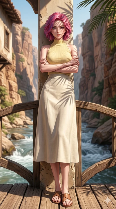 score_9, masterpiece, best quality, ultra-detailed, high-budget anime keyframe, editorial fashion photography, tasteful artistic composition, Caucasian woman, strictly human ears. low angle full-body shot from head to toe showing her feet, filling th