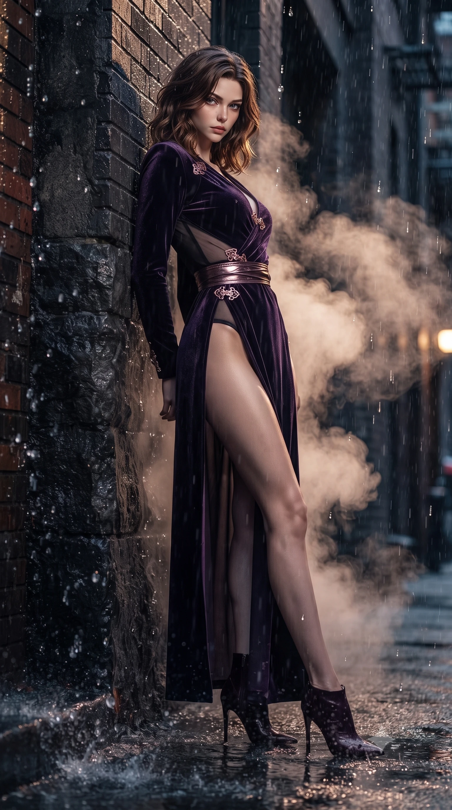 score_9, masterpiece, best quality, ultra-detailed, high-budget anime keyframe, editorial fashion photography, tasteful artistic composition, Korean woman. low angle full-body shot from head to toe showing her feet, filling the entire 9:16 vertical frame with her statuesque presence, stretching her vertical silhouette. arching her back against the dark stone wall with provocative poise, extending one long slender leg to accentuate her razor-sharp statuesque silhouette while arching her spine in a fluid motion as warm exhaust steam vents billow around her slender silhouette in the cold rain. The surrounding environment is rendered in vivid detail and crisp panoramic clarity. sharp splashing raindrop beads, wet asphalt reflections, and textured brick wall grain in deep focus. She has an absolutely perfect, statuesque 8.5-heads proportion, an exceptionally tall and slender model-like female figure with impossibly long slender legs, a toned flat midriff, and an ultra-slim waist. sharp v-shaped jawline, high-bridge nose, intricate jewel-like eyes with depth, thick eyelashes, glossy lips with a natural sheen, flawlessly proportioned anatomical accuracy, strict slender model proportions, natural body alignment, perfectly sculpted long slender limbs, ultra-slim waistline, clean dynamic posture without body distortion. wearing a shortened dark gothic-fusion wrap top with transparent chiffon panels, a deep crossover neckline, and a metallic waist sash in deep velvet violet and rose-gold metallic clasps, made of liquid metal jersey that clings flawlessly to every contour of her build, finished with an ultra-high side slit secured by miniature magnetic clasps, the glove-like aerodynamic second-skin fit tightly clinging to her ultra-slender waist and athletic curves without adding bulk, accentuating her razor-sharp statuesque lines and slim hourglass silhouette. surrounded by a dangerous, gritty, and intensely provocative femme-fatale noir aura. ultra-reflective glossy finish, specular highlights, dark metallic sheen, deep chiaroscuro contrast, volumetric dynamic shadow lighting, 2k, ultra detail, master piece, 9:16 ratio