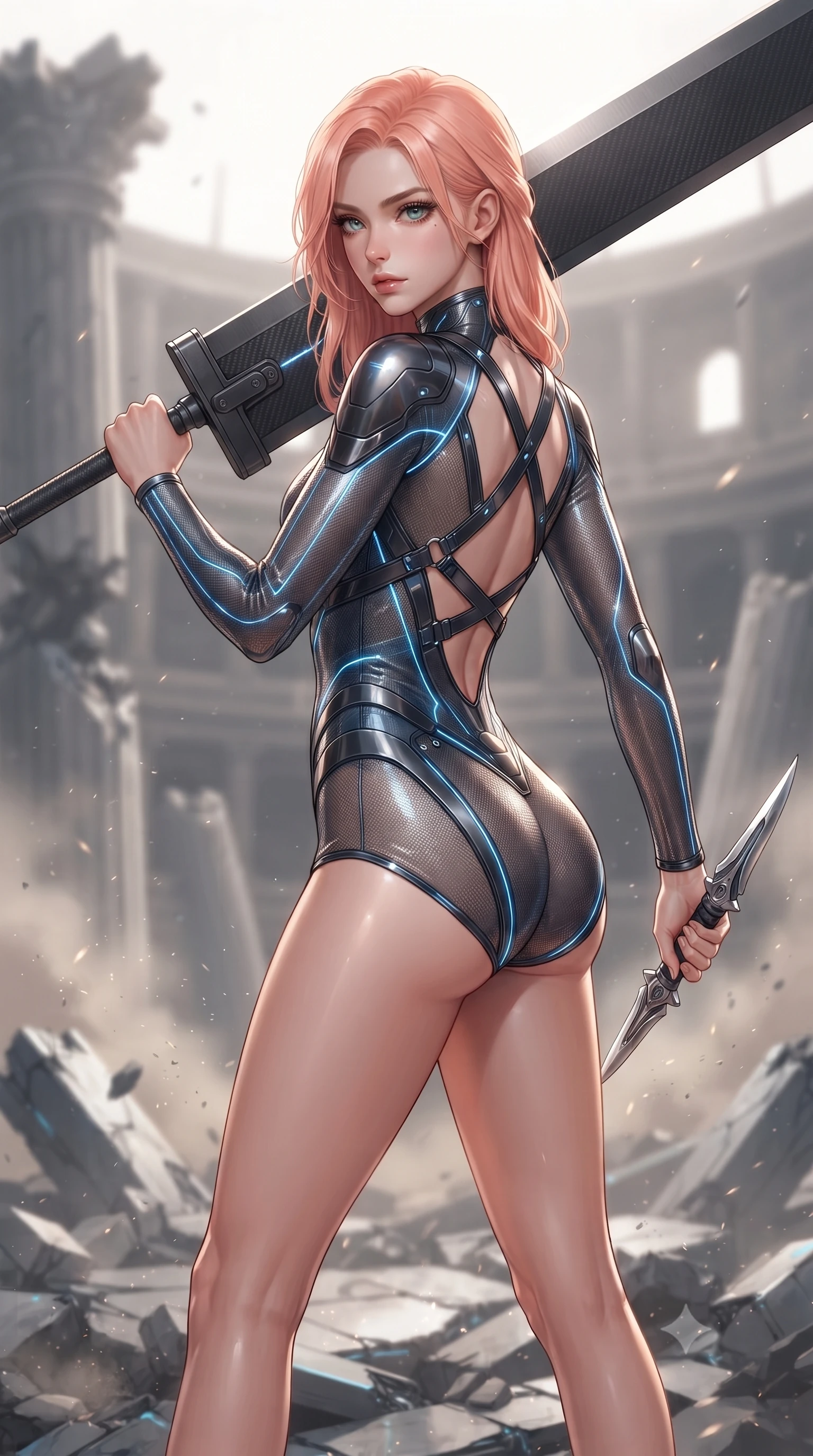 score_9, masterpiece, best quality, ultra-detailed, high-budget anime keyframe, editorial fashion photography, tasteful artistic composition, Japanese woman. close-up cowboy shot from the waist and thighs up, the character dominates the composition, filling the frame with her large presence. twisting her upper body in a dynamic S-curve combat stance, one hand steadying her weapon with commanding supermodel allure while standing victorious on the shattered rubble of a cybernetic colosseum arena with a massive carbon greatsword resting on her shoulder. The composition keeps background elements in soft focus with creamy bokeh. shattered arena pillars and rising dust motes softened in dramatic shallow depth of field. She has an exceptionally elegant, slender, and willowy female figure with an ultra-slim waist, a gracefully sculpted slender torso, toned flat midriff, and a refined slim silhouette. sharp v-shaped jawline, high-bridge nose, intricate jewel-like eyes with depth, thick eyelashes, glossy lips with a natural sheen, flawlessly proportioned anatomical accuracy, strict slender model proportions, natural body alignment, perfectly sculpted long slender limbs, ultra-slim waistline, clean dynamic posture without body distortion. wearing an aerodynamic dark titanium carbon-mesh jumper with glowing blue fiber lines, holding twin chrome vibro-daggers with deadly supermodel poise in deep crimson carbon weave with specular dark chrome accents, crafted from semi-translucent cybernetic carbon-vinyl interwoven with glowing micro-filaments, complemented by criss-cross back harness straps highlighting her completely bare spine, the liquid-tight tailored fabric emphasizing every curve of her tall, slender model proportions and sculptured silhouette during dynamic movement. illuminated by sharp specular highlights tracing her ultra-slim waist, long legs, and flat midriff. ultra-reflective glossy finish, specular highlights, dark metallic sheen, high-contrast stereoscopic depth, volumetric dynamic lighting, 2k, ultra detail, master piece, 9:16 ratio