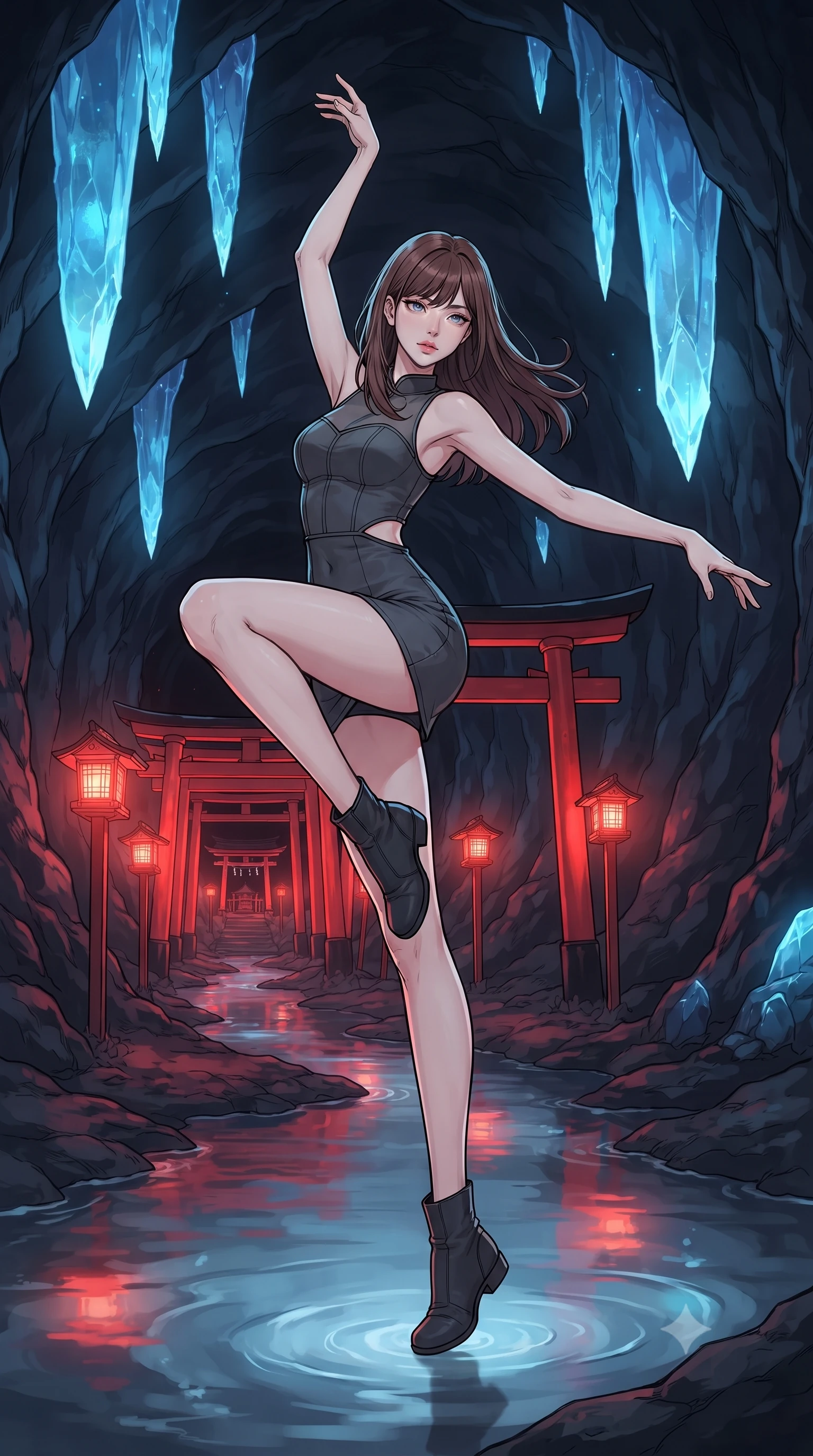 score_9, masterpiece, best quality, ultra-detailed, high-budget anime keyframe, gorgeous anime illustration, with clean line-art and distinct ink outlines, Korean woman. low angle full-body shot from head to toe showing her feet, filling the entire 9:16 vertical frame with her statuesque presence, stretching her vertical silhouette. dancing with weightless grace through inside a dark cavern where a path of red torii gates leads to a shrine, surrounded by massive glowing blue crystal stalactites and a shallow river reflecting the lights. She has a statuesque 8.5-heads proportion, an exceptionally tall, slender and willowy model-like build with impossibly long legs and a highly sculpted ultra-slim waist. sharp v-shaped jawline, high-bridge nose, intricate jewel-like eyes with depth, thick eyelashes, glossy lips with a natural sheen. wearing a combat-style mini dress in dark grey with a structured bodice and a subtle waist cutout. warm red light from hanging lanterns on the torii gates colliding with cool blue glow from the crystal stalactites. 2k, ultra detail, master piece, 9:16 ratio, vibrant anime color palette, detailed cel-shading with soft gradients, rich contrast, dynamic lighting, 2d animation style