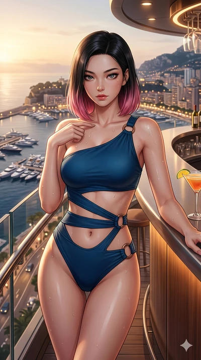 첨부의 캐릭터를 고정하여, 절대로 의상과 포즈를 동일하게 하지말고 현재 프롬프트 기반으로 이미지를 완전히 재구성해야해. score_9, masterpiece, best quality, ultra-detailed, high-budget anime keyframe, editorial fashion photography, tasteful artistic composition, Korean woman. cowboy shot from the thighs