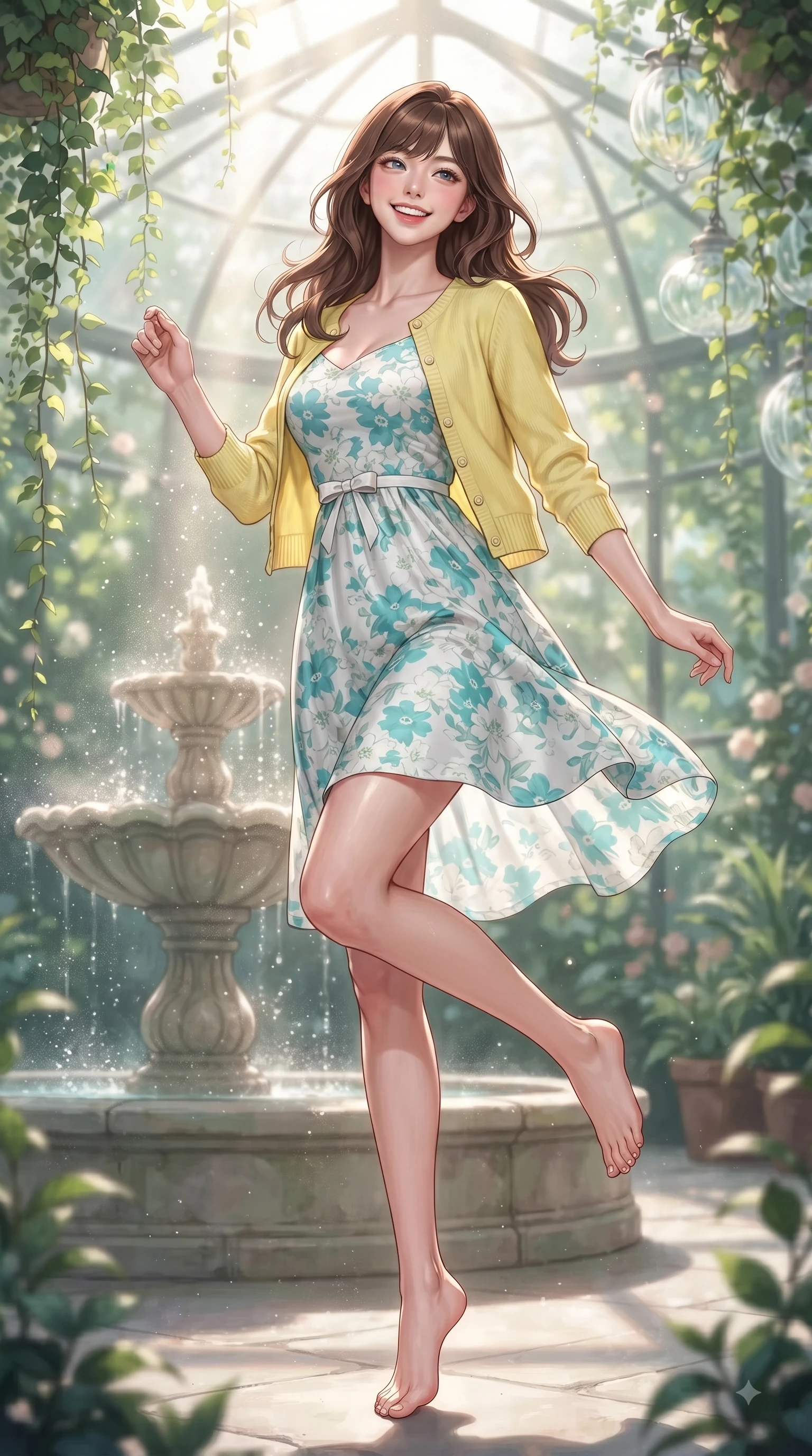 score_9, masterpiece, best quality, ultra-detailed, high-budget anime keyframe, editorial fashion photography, tasteful artistic composition, Korean woman. low angle full-body shot from head to toe showing her feet, filling the entire 9:16 vertical frame with her statuesque presence, stretching her vertical silhouette. leaping with pure youthful energy through the scene with a radiant bright smile, her long slender legs balanced gracefully while pivoting gracefully near a gentle stone fountain as mist particles catch brilliant morning sunbeams. The composition keeps background elements in soft focus with dreamy bokeh. cascading botanical vines and delicate greenhouse refractions softened in creamy depth of field. She has an absolutely perfect, statuesque 8.5-heads proportion, an exceptionally tall and slender model-like female figure with impossibly long slender legs and an ultra-slim waist. sharp v-shaped jawline, high-bridge nose, intricate jewel-like eyes with depth, thick eyelashes, glossy lips with a natural sheen, flawlessly proportioned anatomical accuracy, natural body alignment, perfectly sculpted elegant limbs, clean dynamic posture without body distortion. wearing a fresh lemon-yellow cardigan over a white floral print slip dress in ocean turquoise and sea-salt white, tailored from crisp cotton poplin, accented with a dainty waist ribbon bow, the breezy lightweight fabric fluttering softly against her delicate frame. illuminated by fresh botanical sunbeams casting delicate leaf patterns. ultra-reflective glossy finish, specular highlights, metallic sheen, high-contrast stereoscopic depth, volumetric dynamic lighting, 2k, ultra detail, master piece, 9:16 ratio