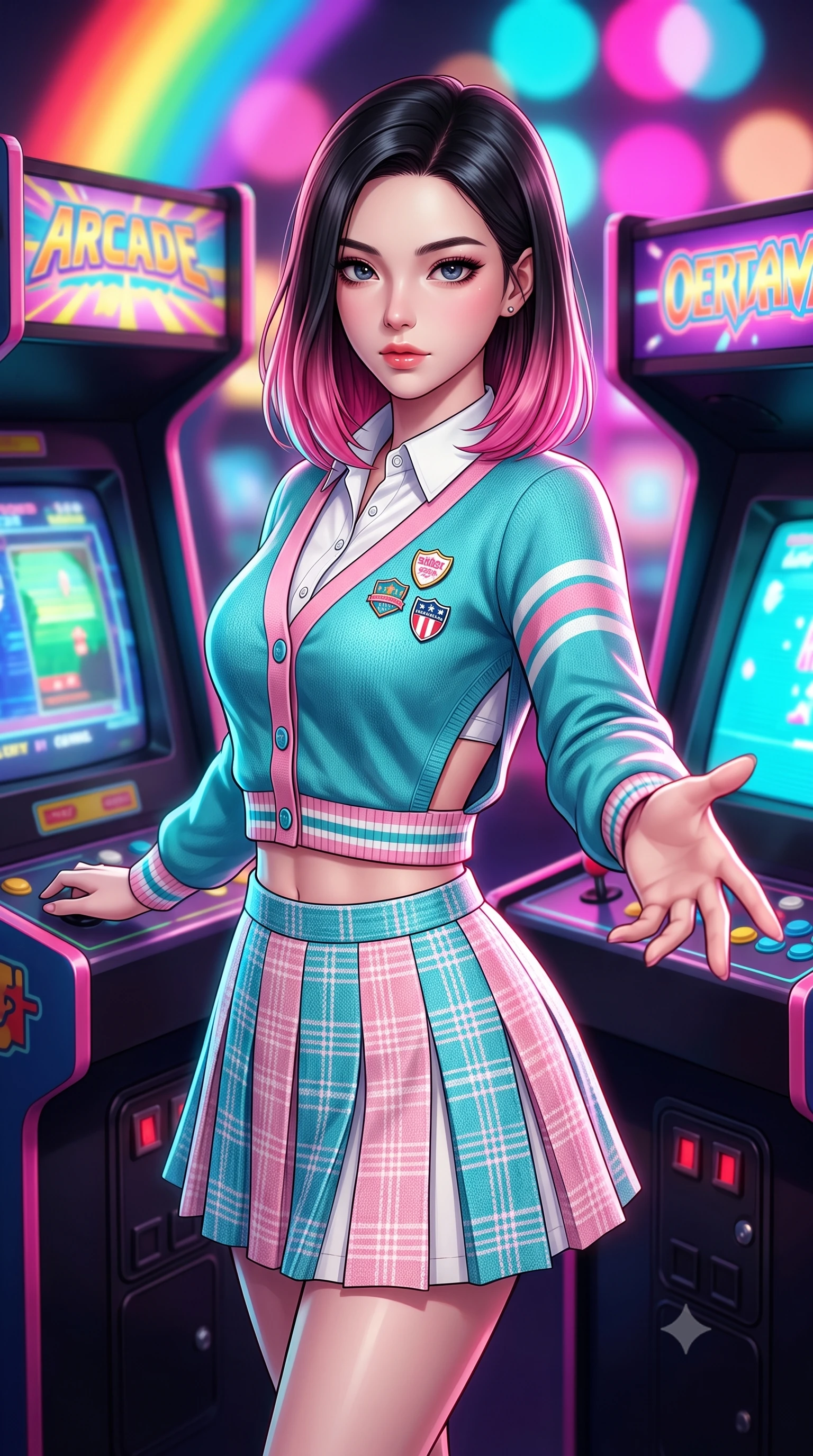 score_9, masterpiece, best quality, ultra-detailed, high-budget anime keyframe, semi-realistic 3D game render, editorial fashion photography, tasteful artistic composition, Korean woman. close-up cowboy shot from the waist and thighs up, the character dominates the composition, filling the frame with her large presence. extending one slender arm gracefully toward the foreground while casting an affectionate, mesmerizing glance while pivoting dynamically between colorful arcade cabinets as 8-bit CRT screens flash vibrant pixel art across her stylish outfit. The composition keeps background elements in soft focus with creamy bokeh. flashing CRT arcade screens and glowing marquee game titles blurred into radiant rainbow, electric pink, and cyan bokeh. She has an exceptionally elegant, slender, and willowy female figure with an ultra-slim waist, a gracefully sculpted slender torso, toned flat midriff, and a refined slim silhouette. sharp v-shaped jawline, high-bridge nose, intricate jewel-like eyes with depth, thick eyelashes, glossy lips with a natural sheen, captivating and magnetic expression, flawlessly proportioned anatomical accuracy, strict slender model proportions, natural body alignment, perfectly sculpted long slender limbs, ultra-slim waistline, clean dynamic posture without body distortion. wearing a preppy 80s varsity cardigan sweater layered over a crisp collared button-down shirt and a tennis pleated skirt in retro turquoise, baby pink, and white, tailored from fine British wool tweed and comfortable stretch cotton, finished with retro enamel varsity pins and classic leather loafers, the precision-cut daring openings accentuating her delicate midriff, graceful bare collarbones, and ultra-slim feminine waistline. illuminated by crisp directional highlights defining her toned midriff, slender waist, and long legs. highly saturated vibrant anime colors, detailed shading with soft gradients, rich glossy textures, high-contrast stereoscopic depth, volumetric dynamic lighting, master piece, 9:16 ratio